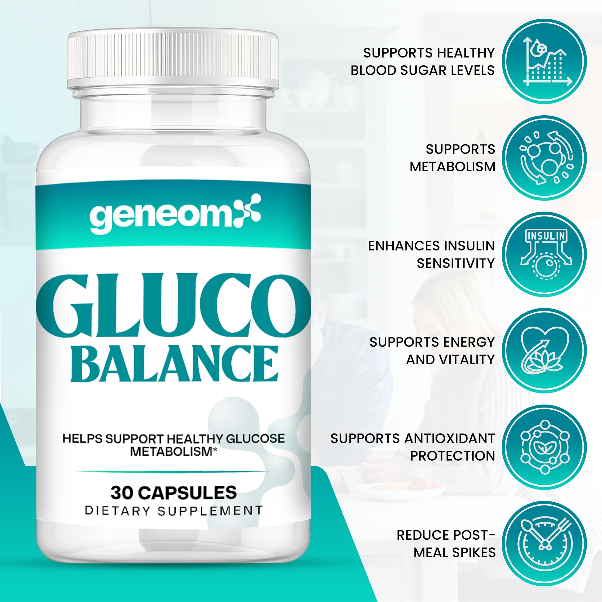 Geneomx Gluco Balance supplement side view showing ingredients list