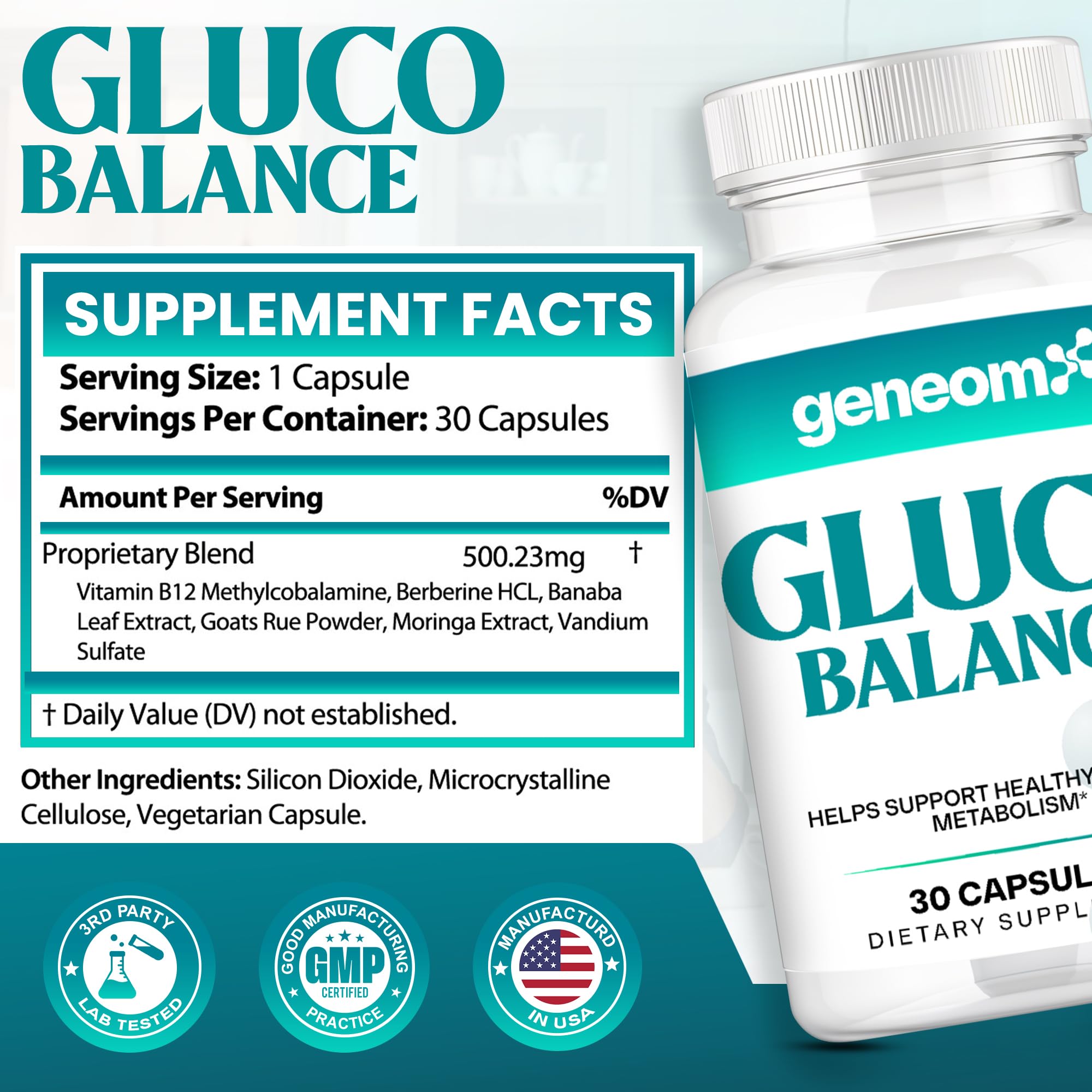 Geneomx Gluco Balance supplement with a measuring spoon for dosage
