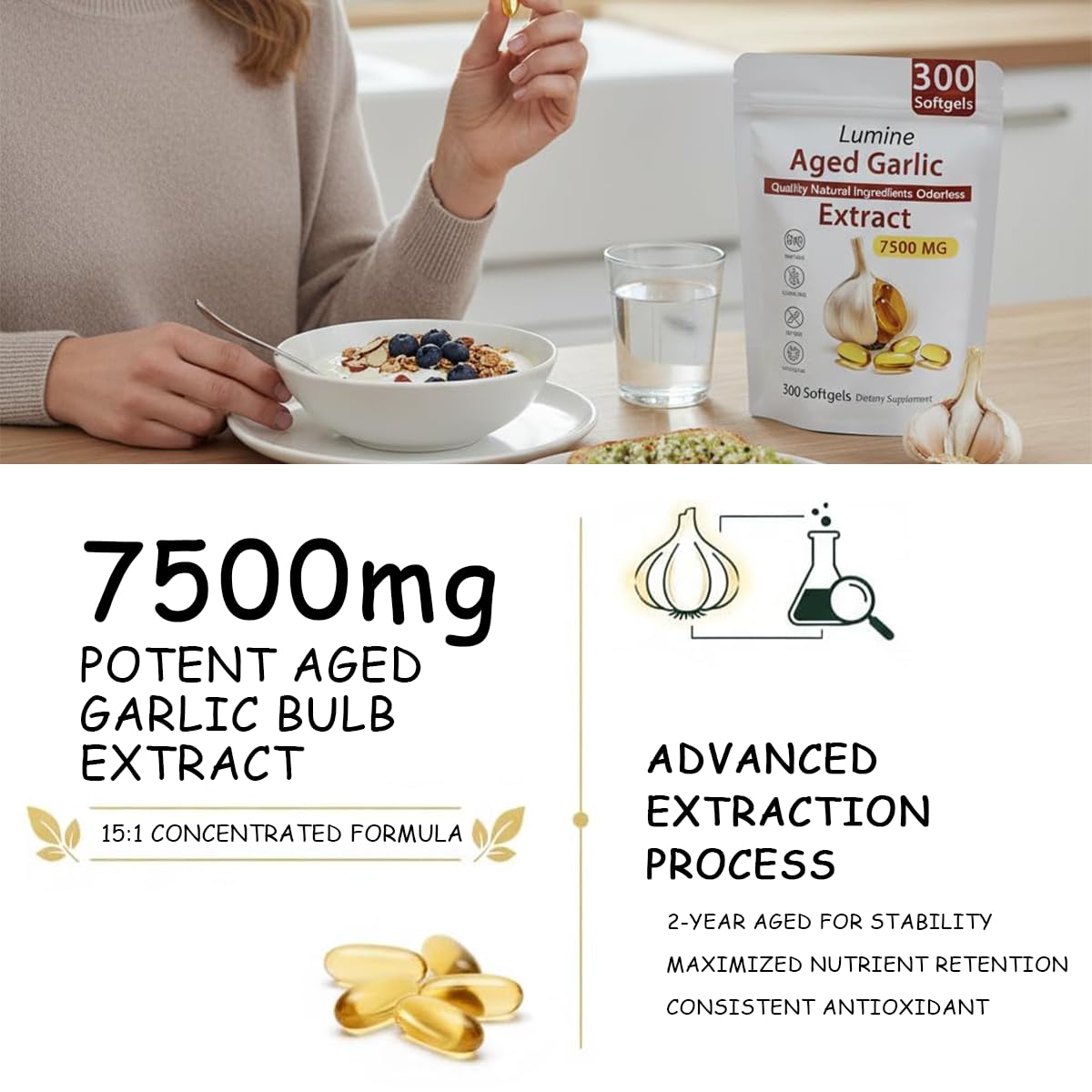 Generic Aged Garlic Extract softgel capsules on a table