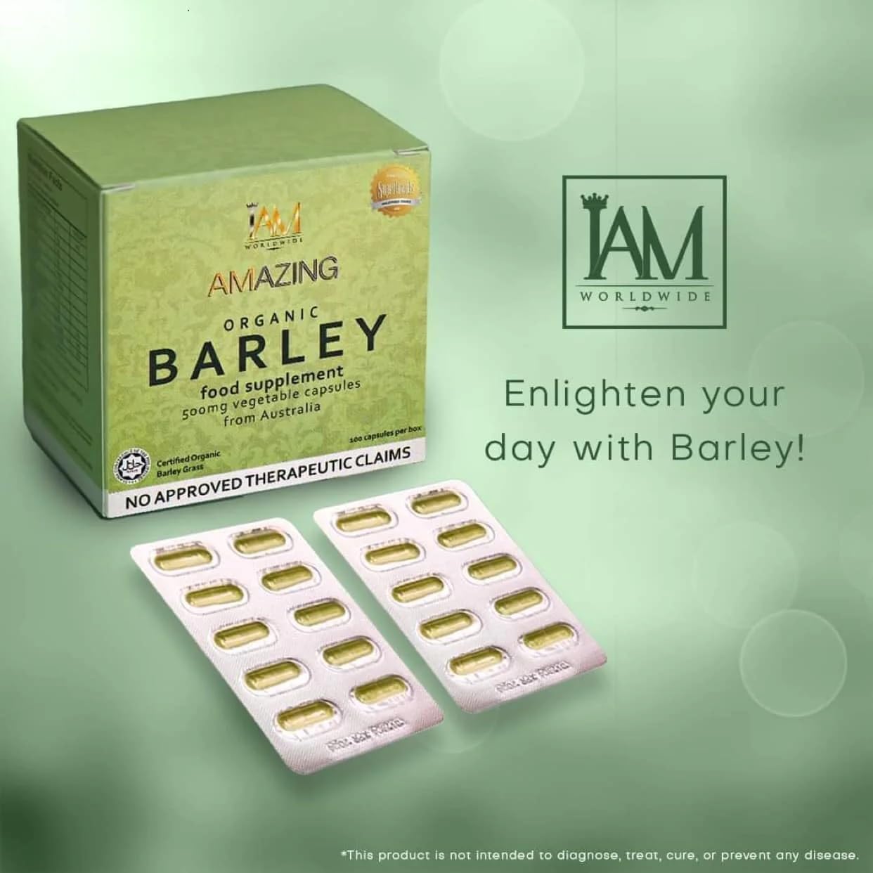 Generic Barley Grass Multivitamin Capsules on a wooden table