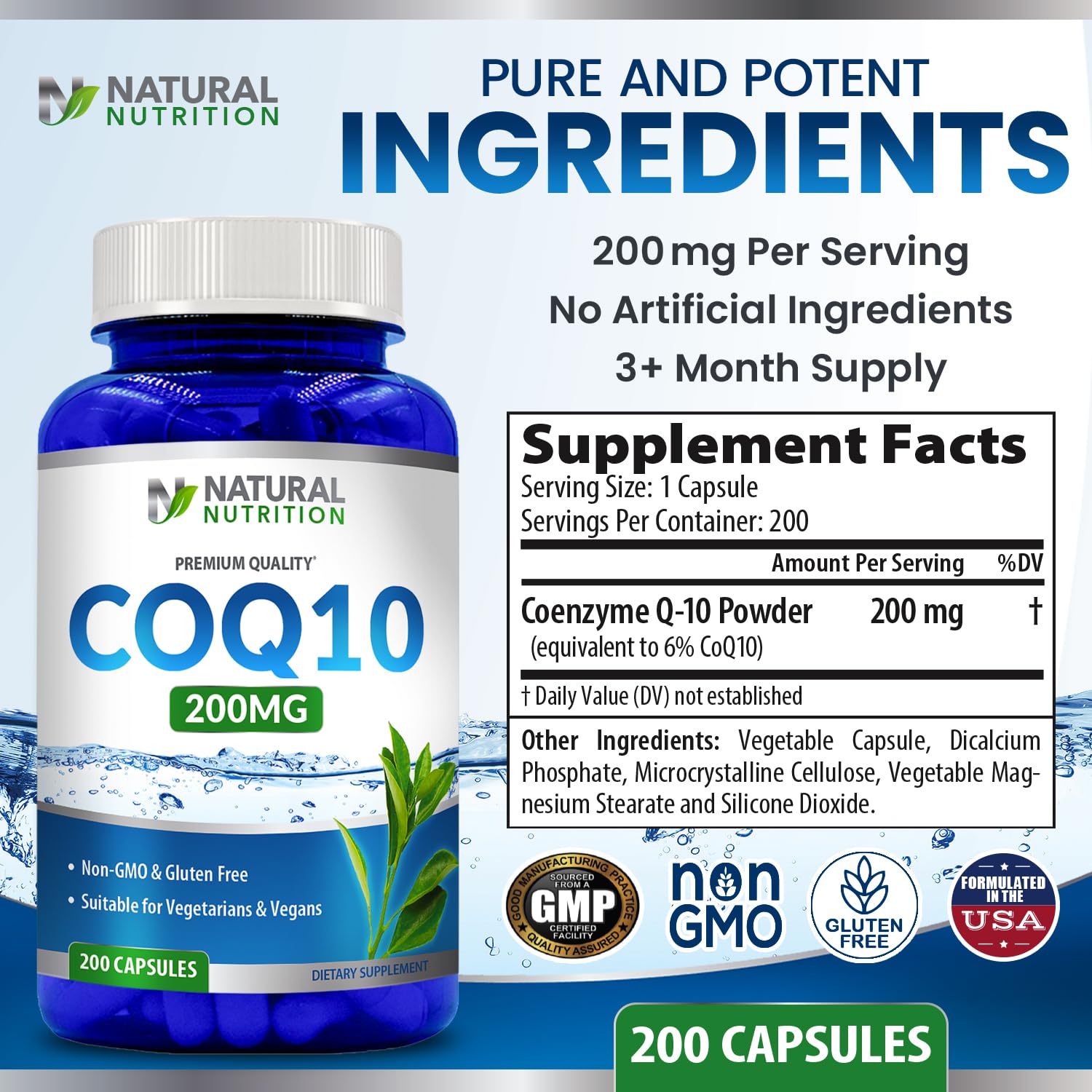 Generic CoQ10 200mg bottle with label visible