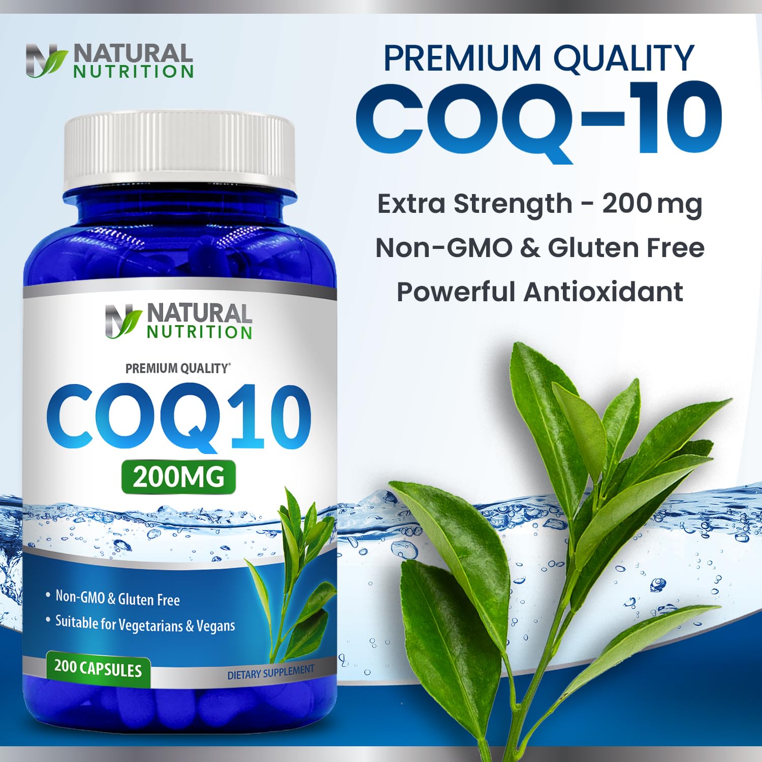 Generic CoQ10 200mg capsules on a wooden table