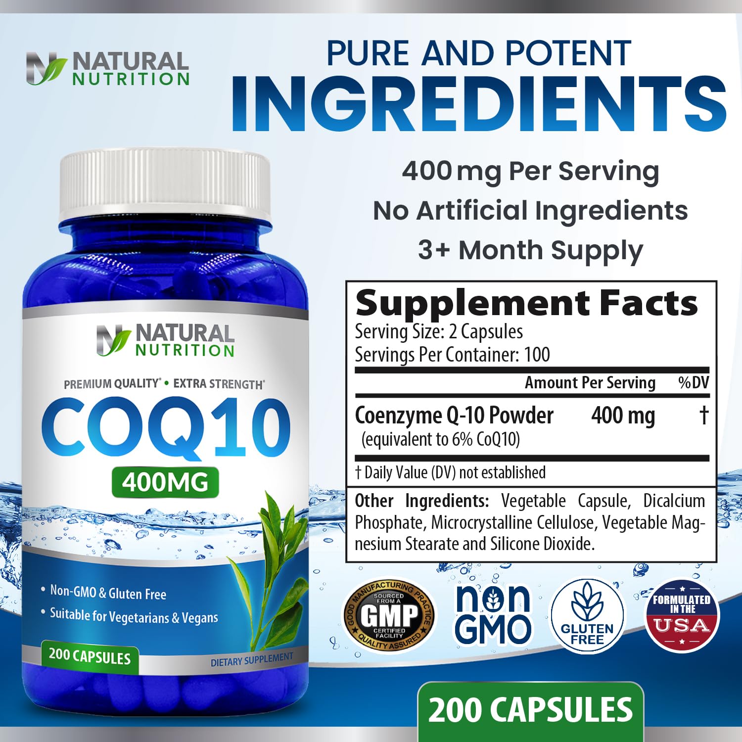 Generic CoQ10 400mg Maximum Strength 200 Capsules back view