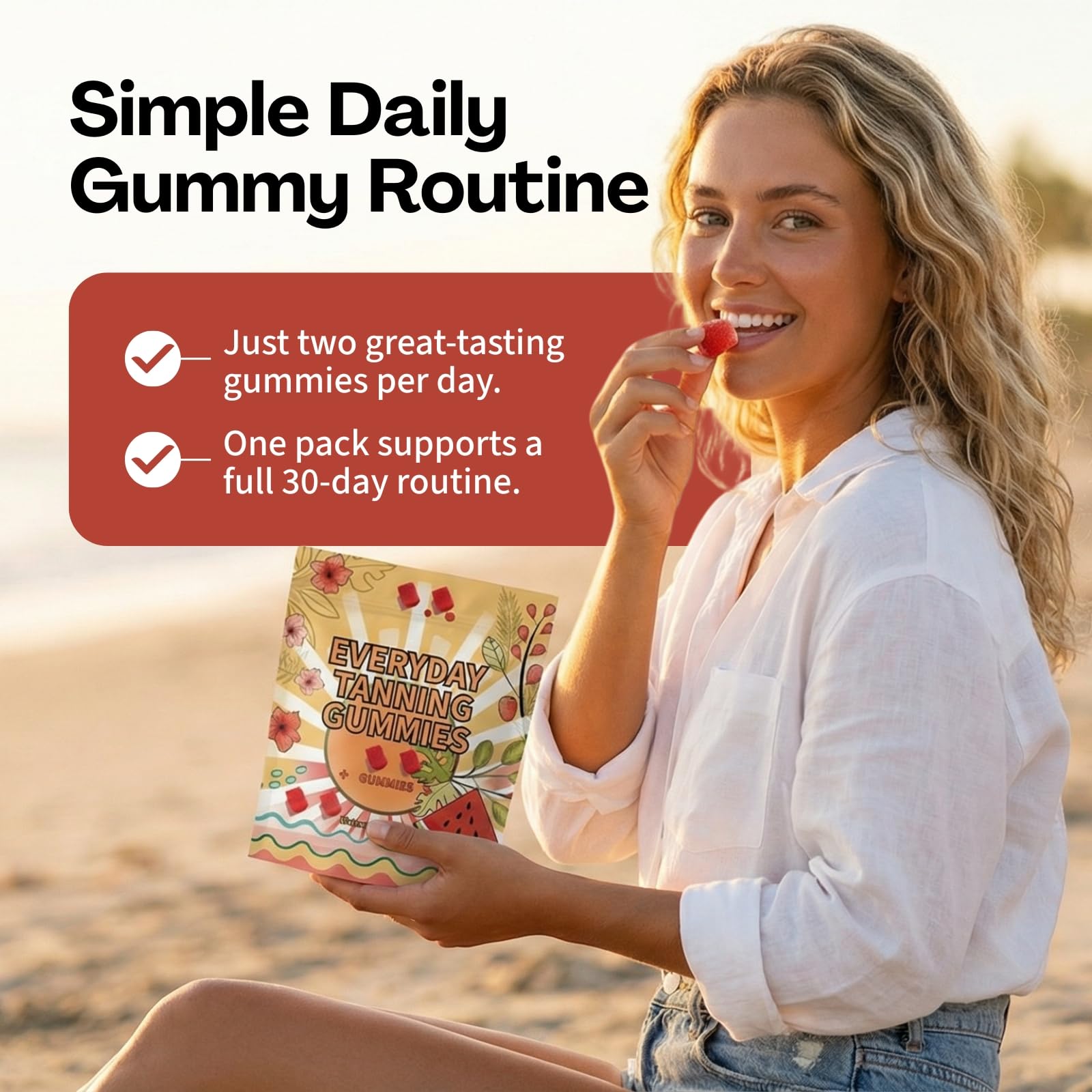 Generic Daily Tanning Gummies 75g with a few gummies on a table