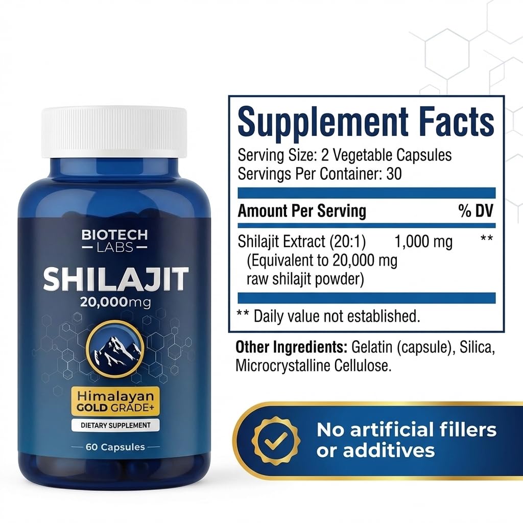 Generic Himalayan Shilajit 20,000mg supplement on a wooden table