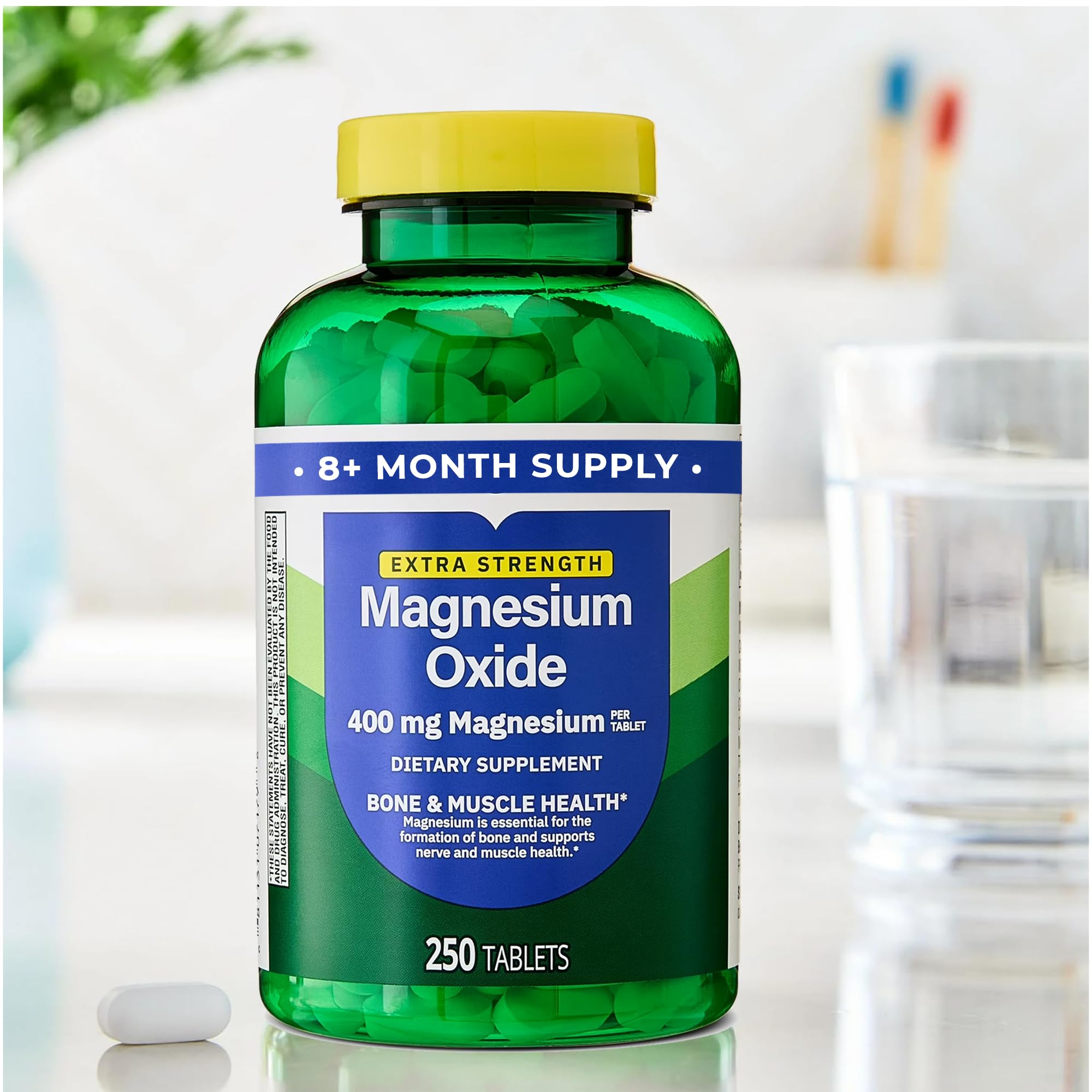 Generic Magnesium Supplement 400mg bottle with a hand holding a tablet