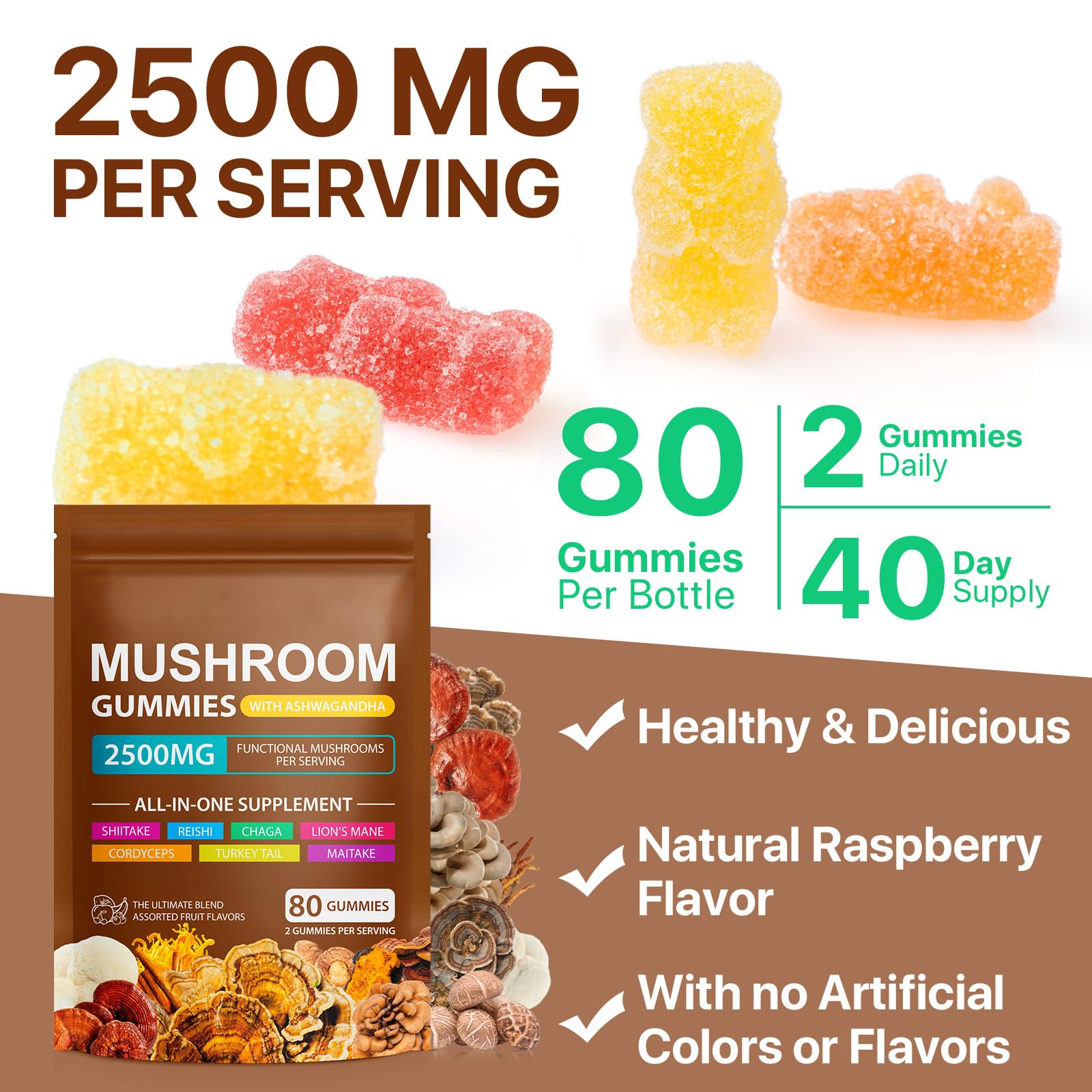 Generic Mushroom Blend Gummies displayed on a wooden table