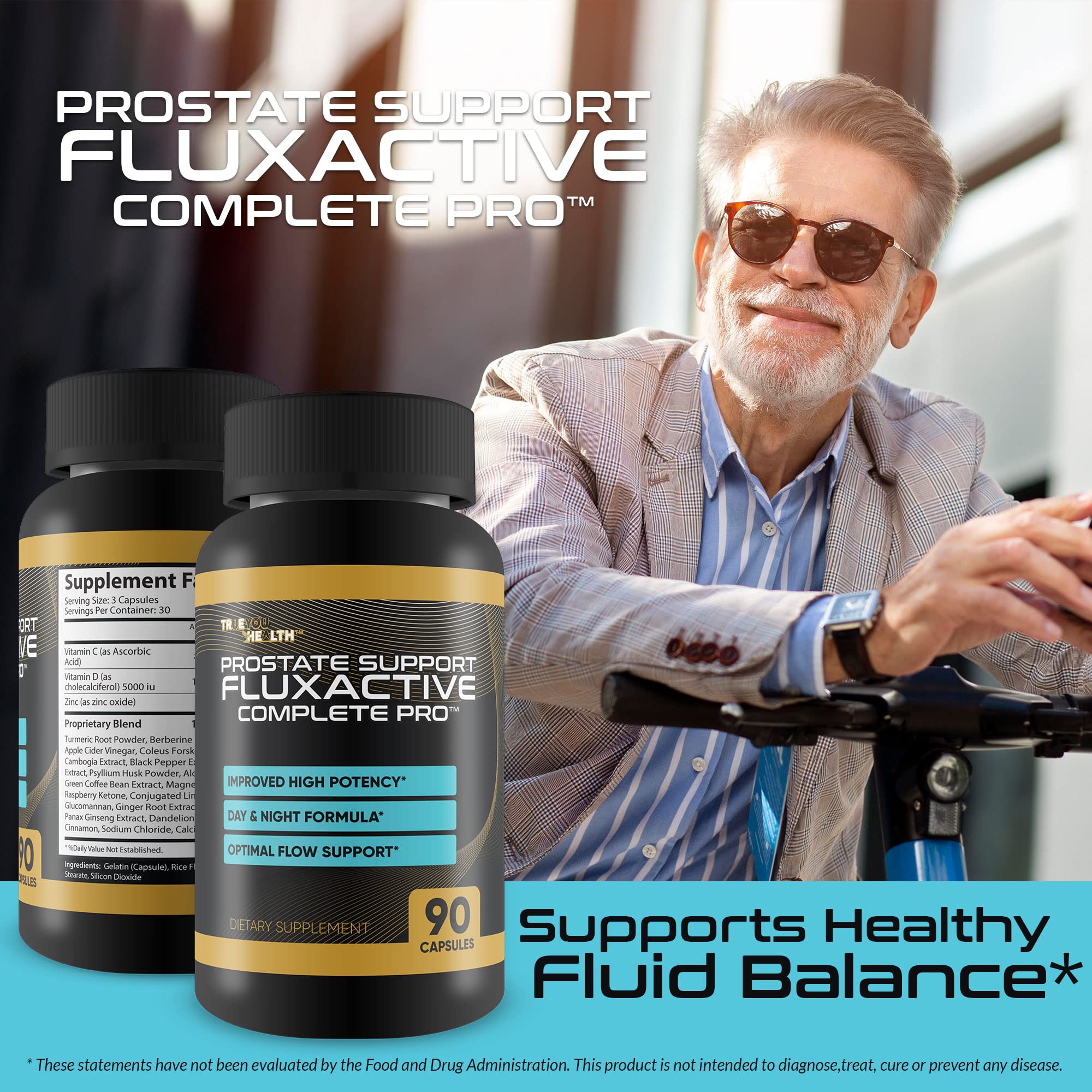 Generic Saw Palmetto Pro Fluxactive Complete supplement bottle with measuring spoon