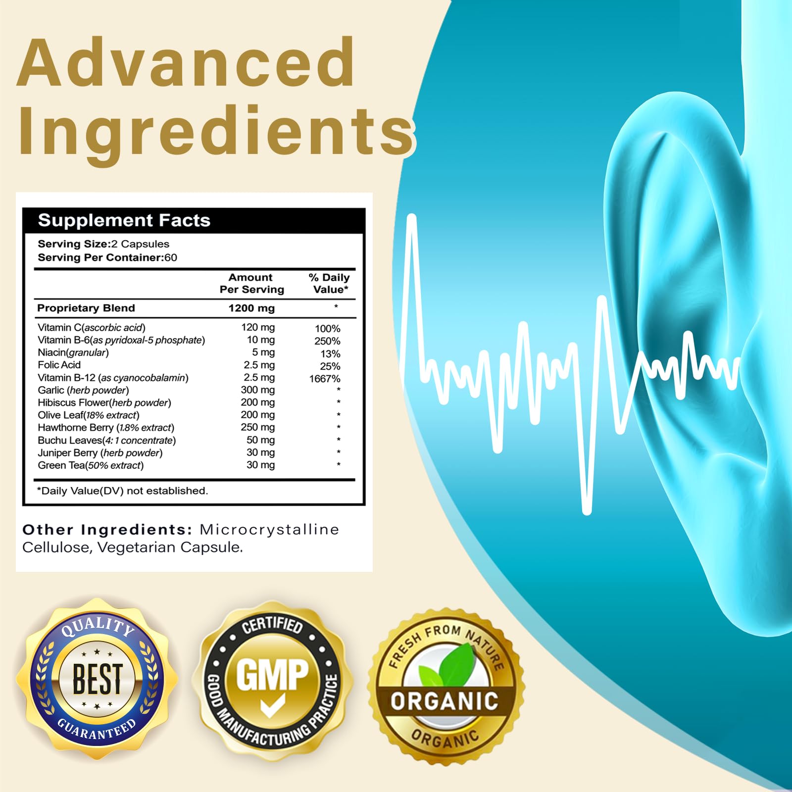 Generic Tinnitus Relief Supplement displayed with herbs