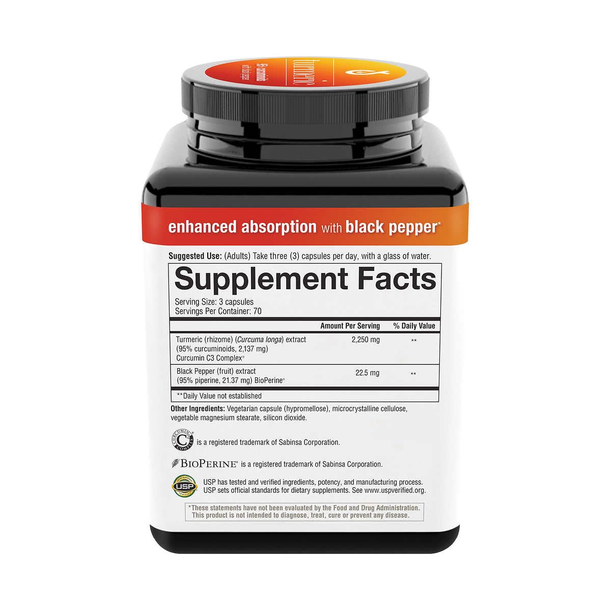 Generic Turmeric Supplement side view showing capsule details