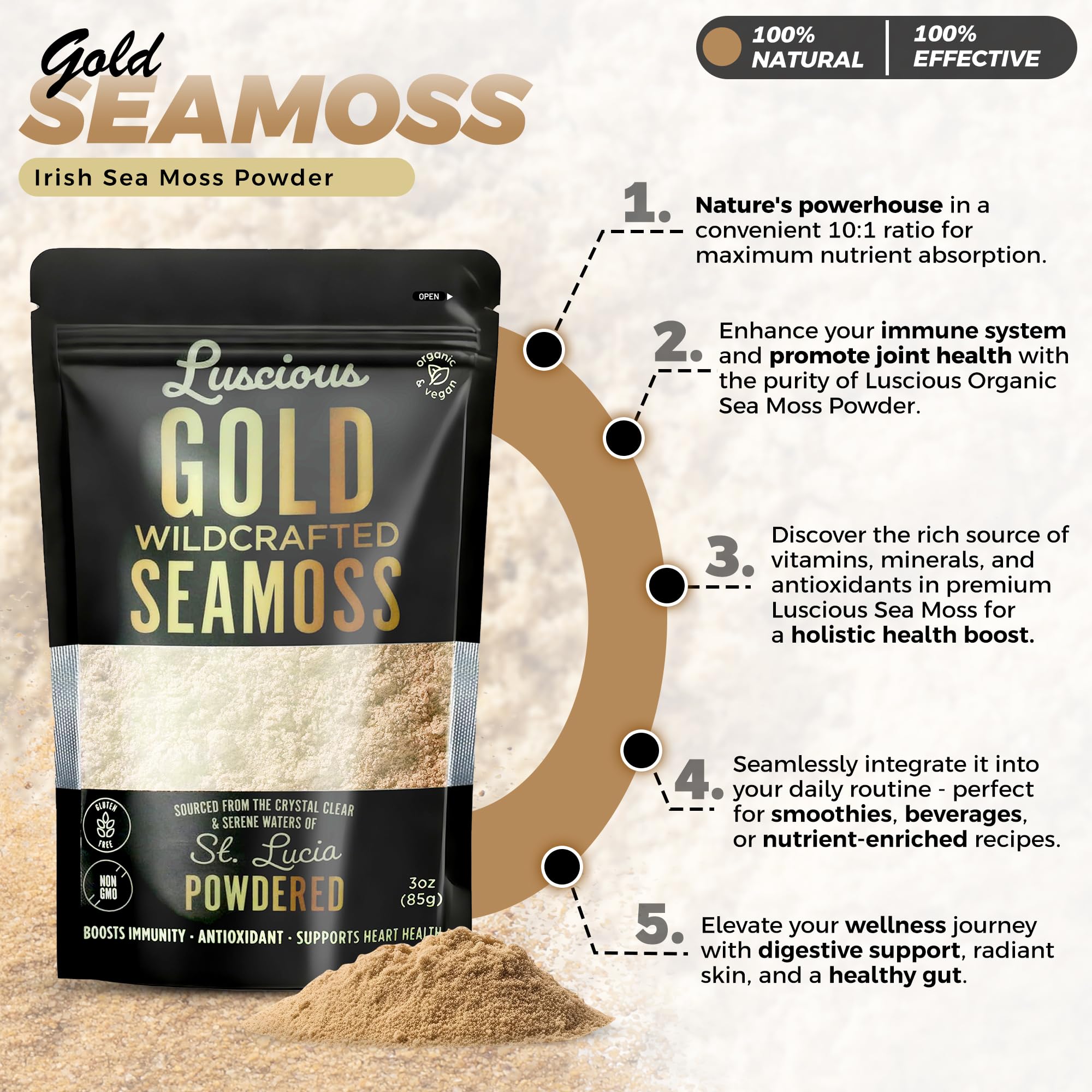 Generic Wildcrafted Gold Sea Moss Powder 3 oz pouch back view