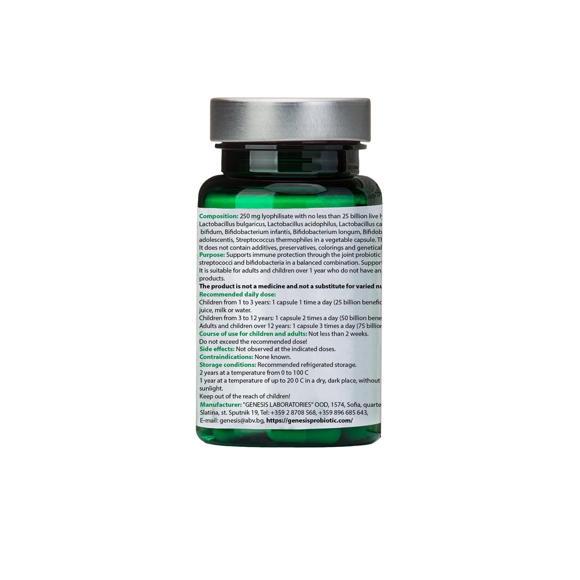 Genesis LABORATORIES Probiotic Acidophilus Capsules 250mg side view