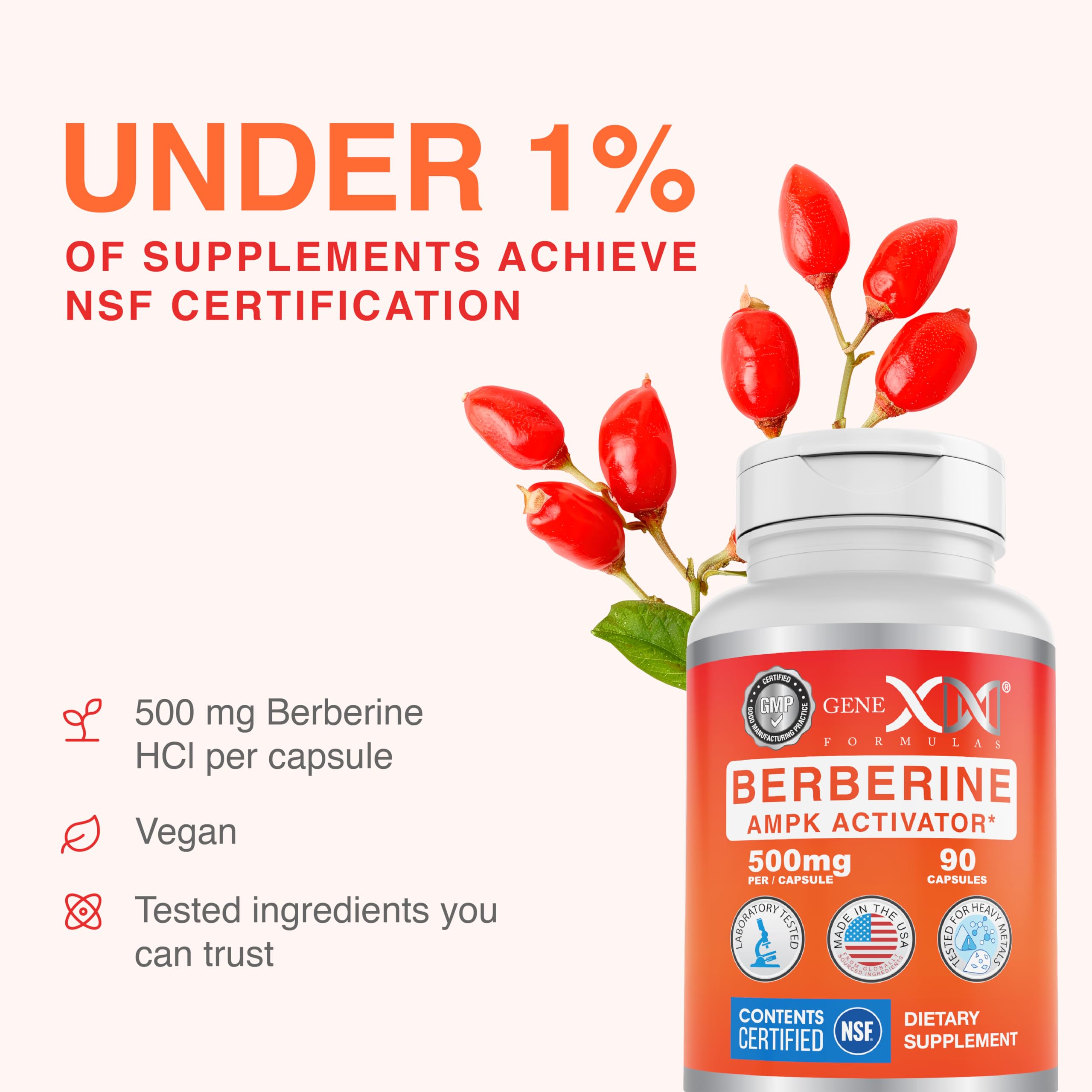 Genex Formulas Berberine capsules side view showing dosage