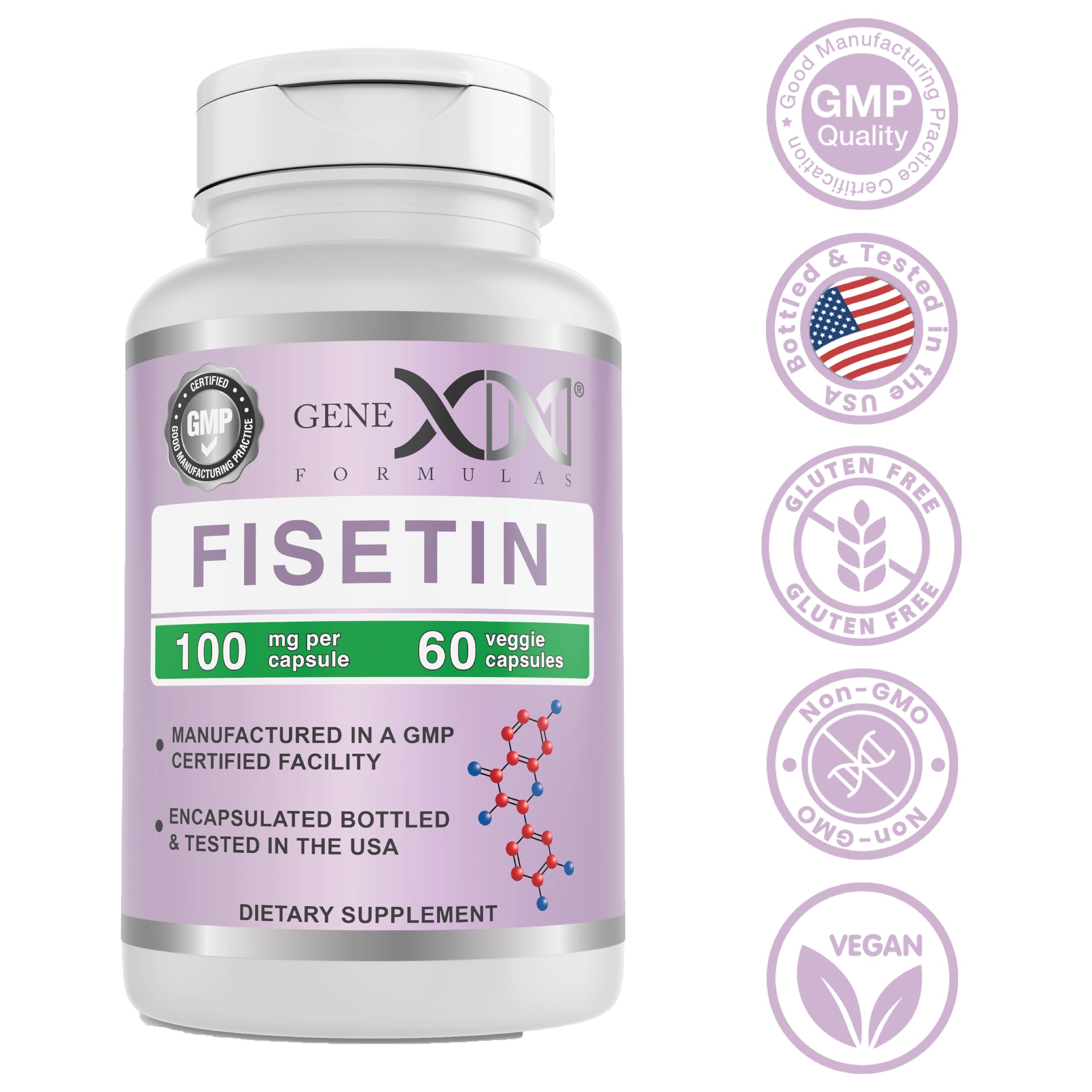 Genex Formulas Fisetin 100mg Capsules bottle with a clean background