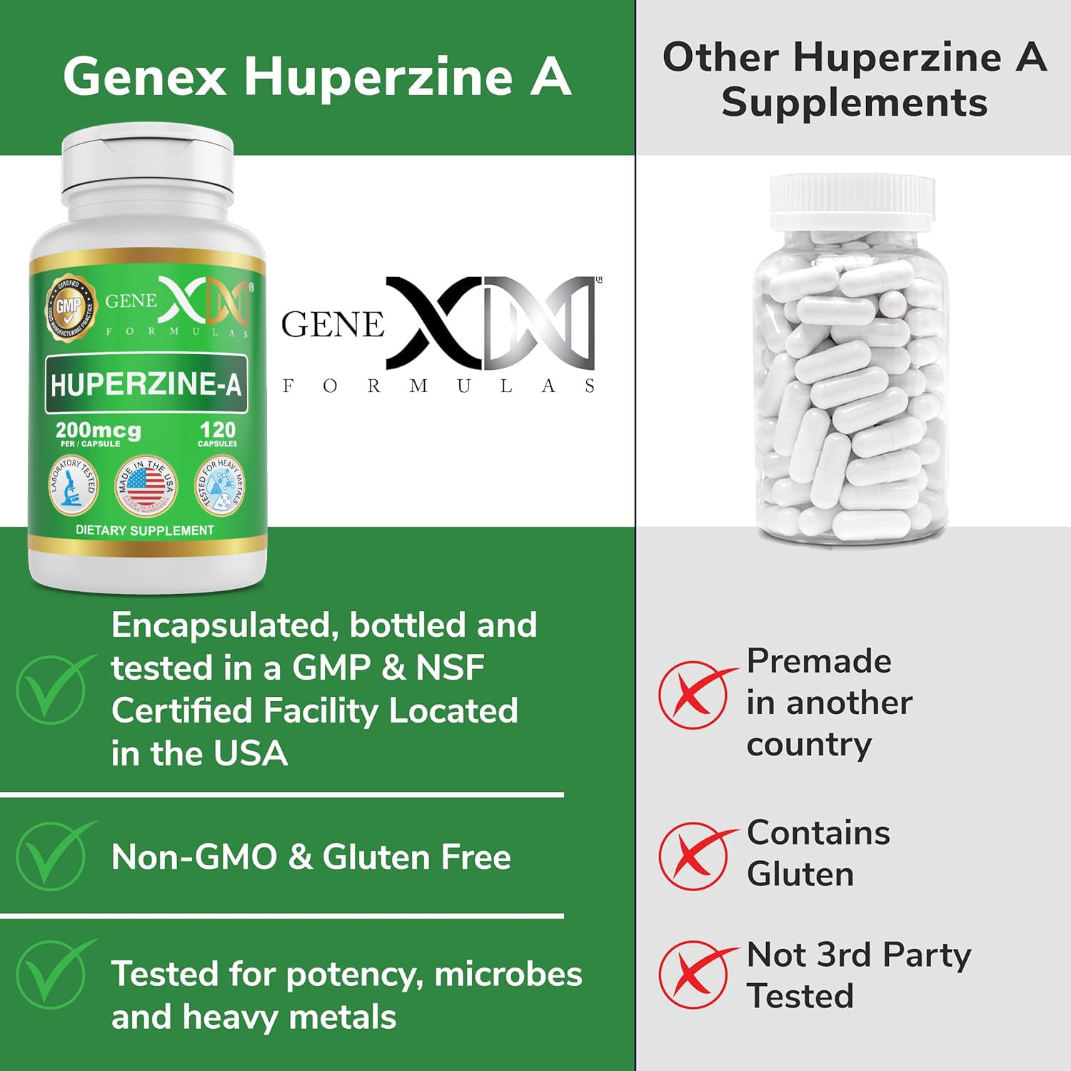 Genex Formulas Huperzine A 200mcg bottle with a measuring spoon