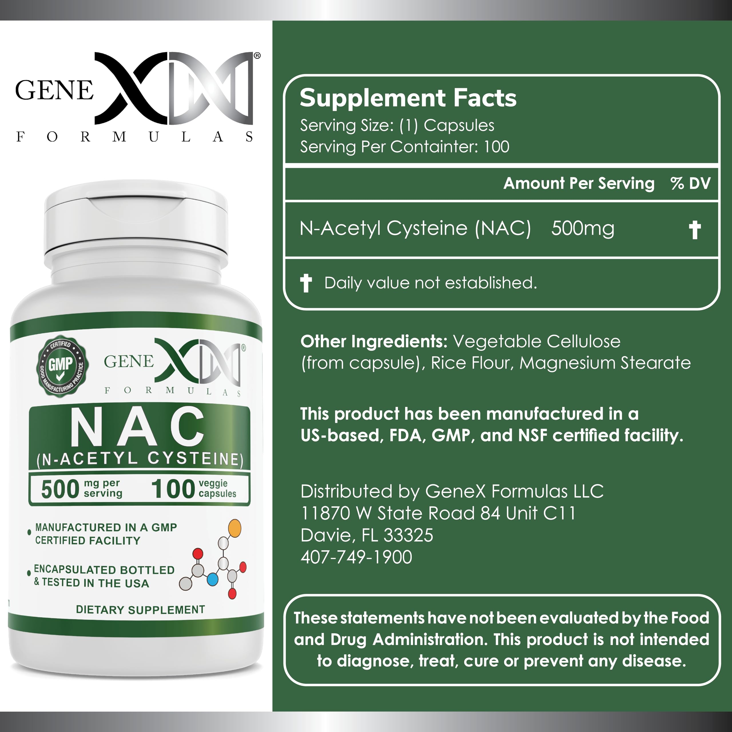 Genex Formulas N-Acetyl Cysteine 500mg capsules bottle side view