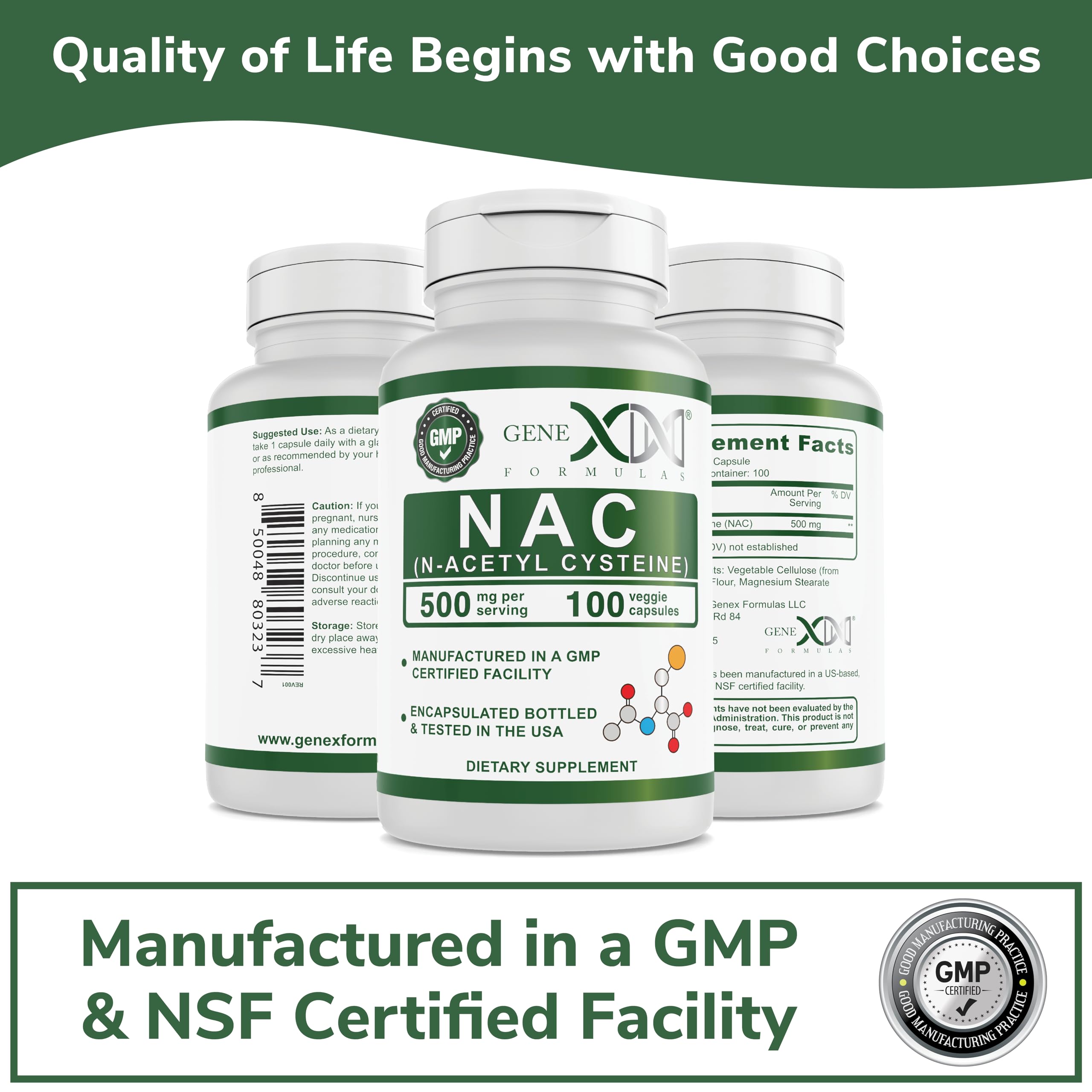 Genex Formulas N-Acetyl Cysteine 500mg capsules with a glass of water
