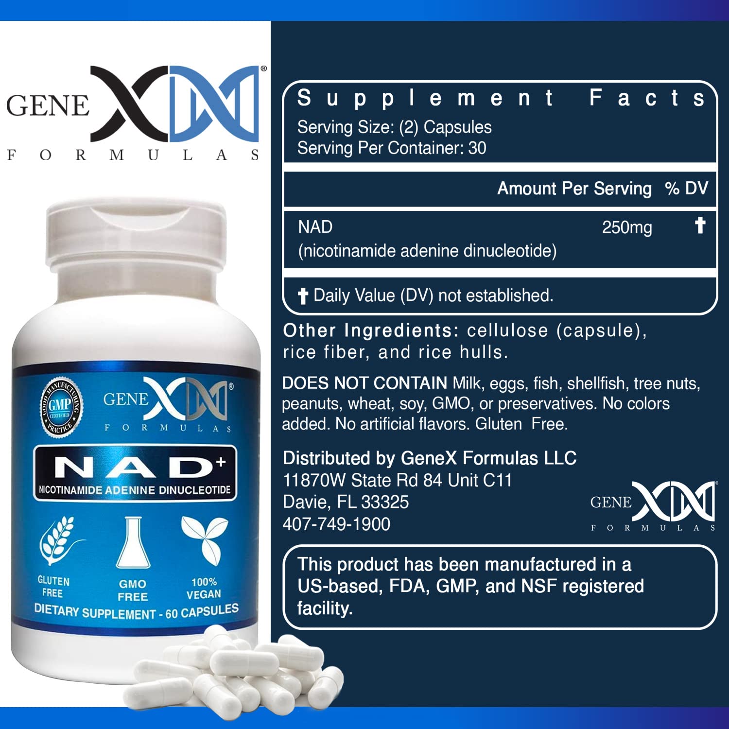 Genex Formulas NAD+ Capsules 250mg bottle side view