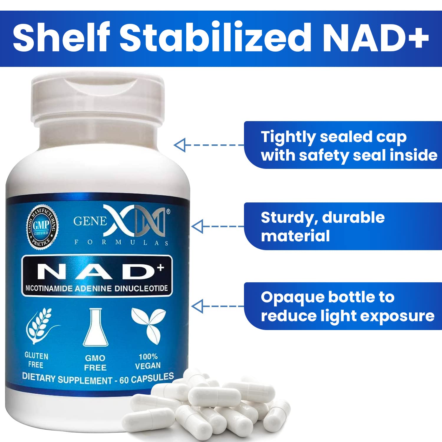 Genex Formulas NAD+ Capsules 250mg bottle with cap open