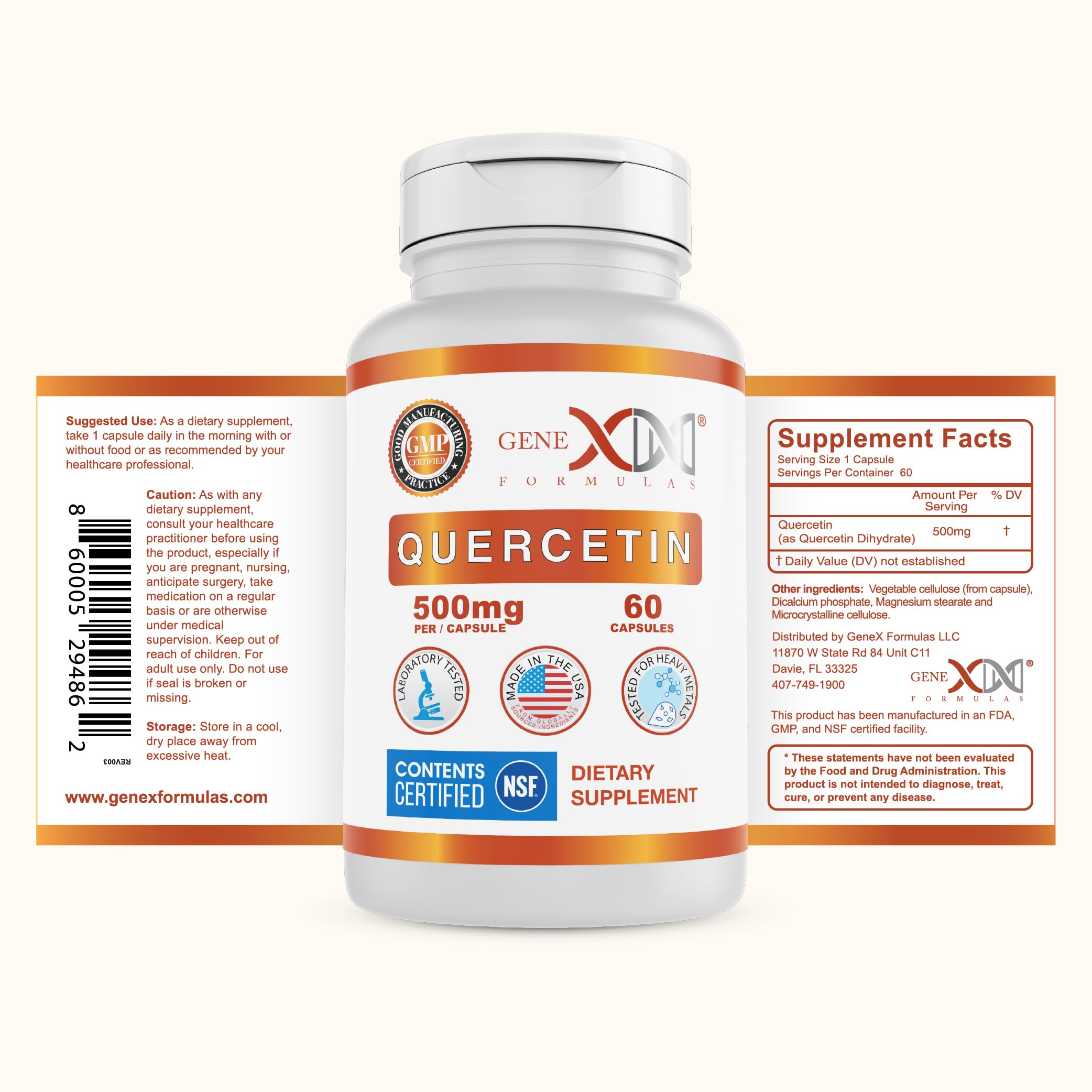 Genex Formulas Quercetin 500mg veggie capsules bottle side view
