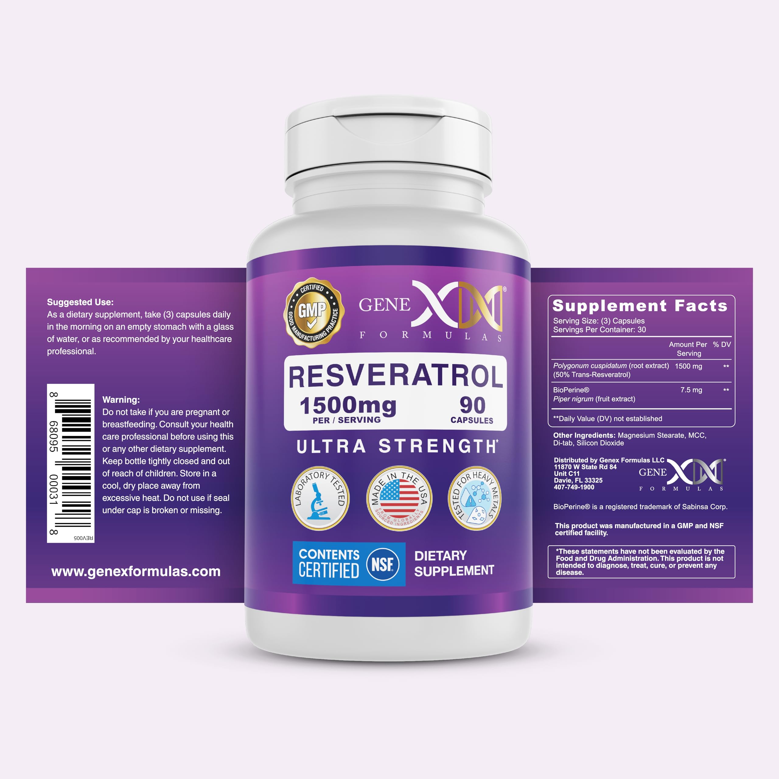 Genex Formulas Resveratrol 1500mg capsules close-up