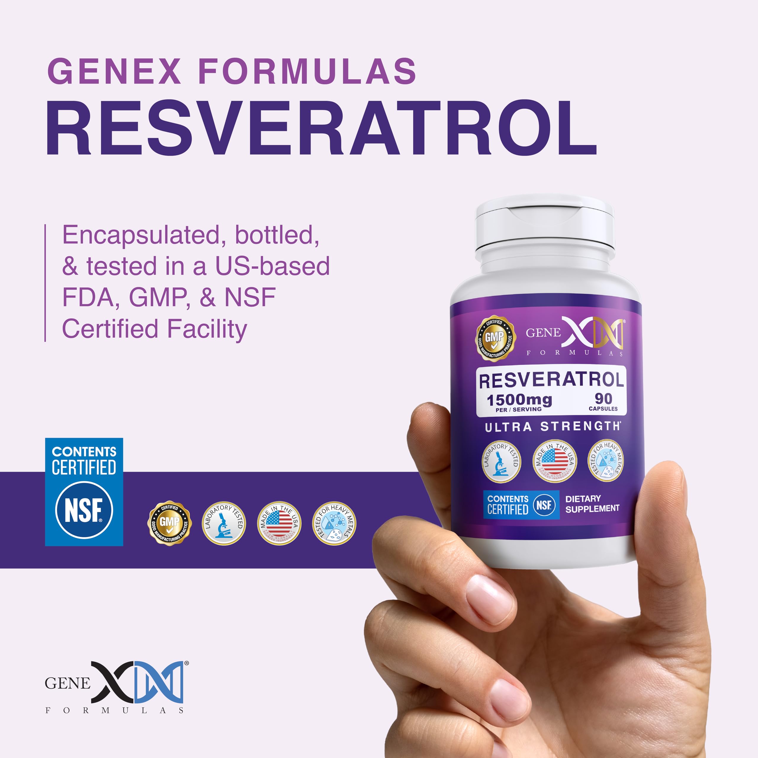 Genex Formulas Resveratrol 1500mg capsules on a table