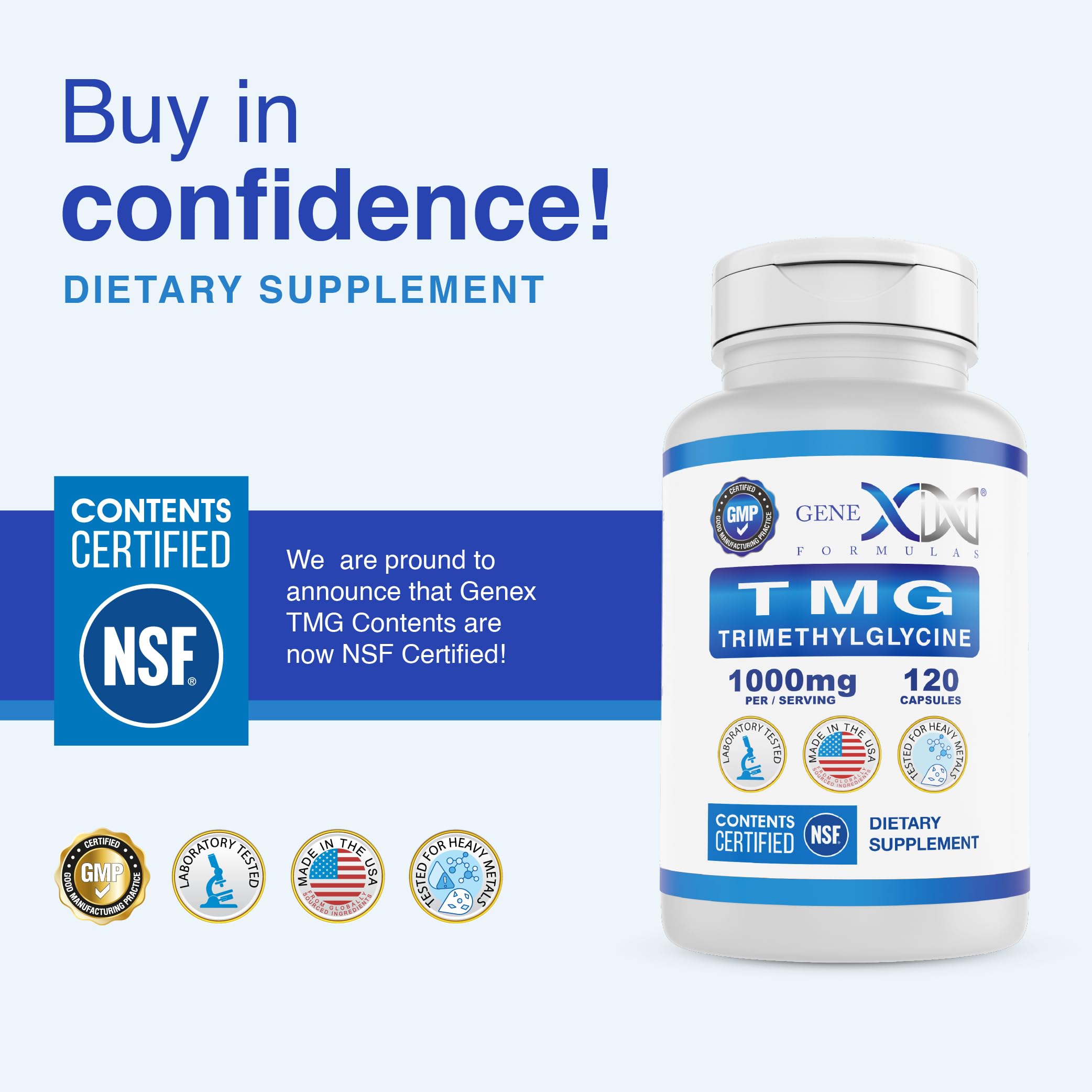 Genex Formulas Trimethylglycine Supplement 1000mg bottle side view