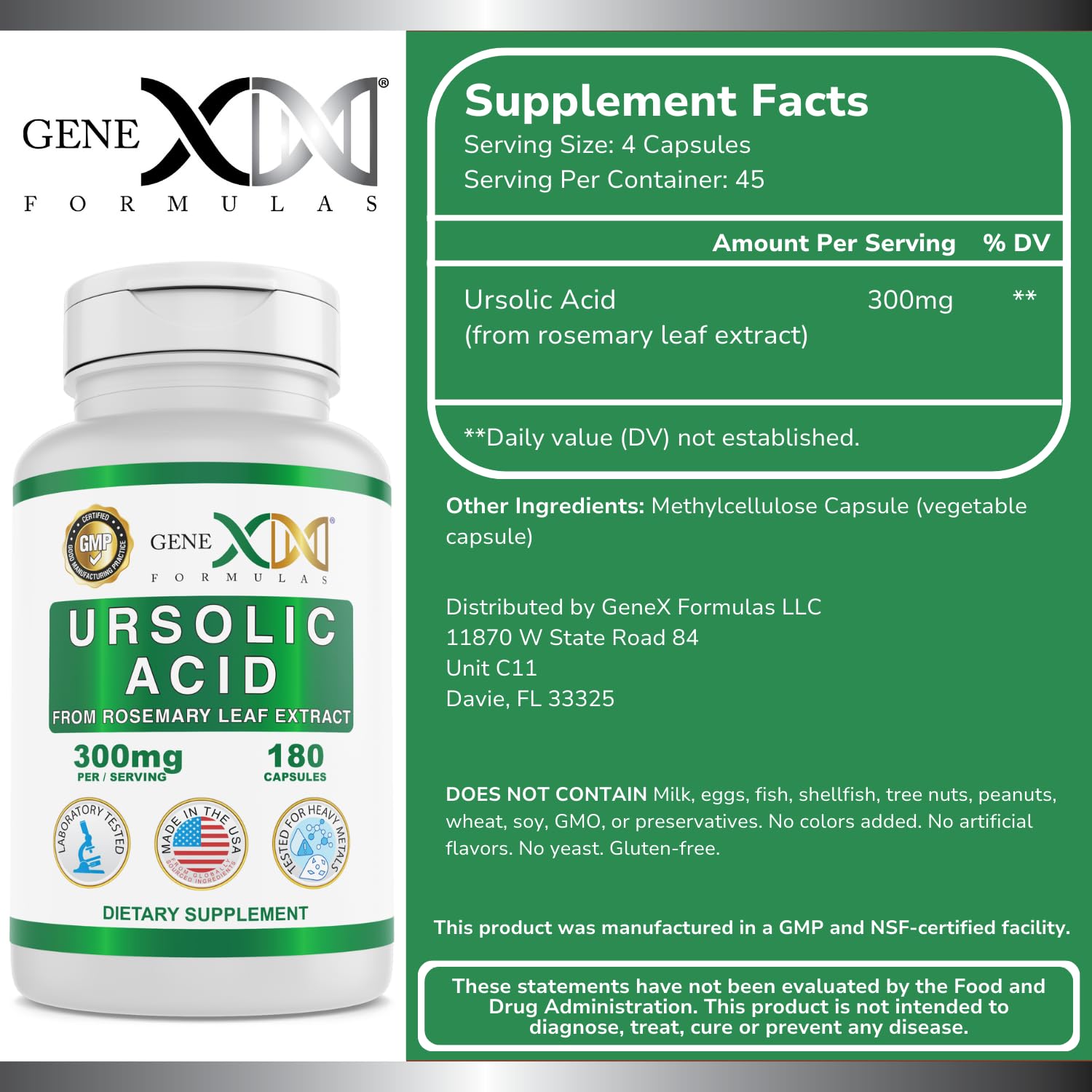 Genex Formulas Ursolic Acid Capsules 300mg bottle side view