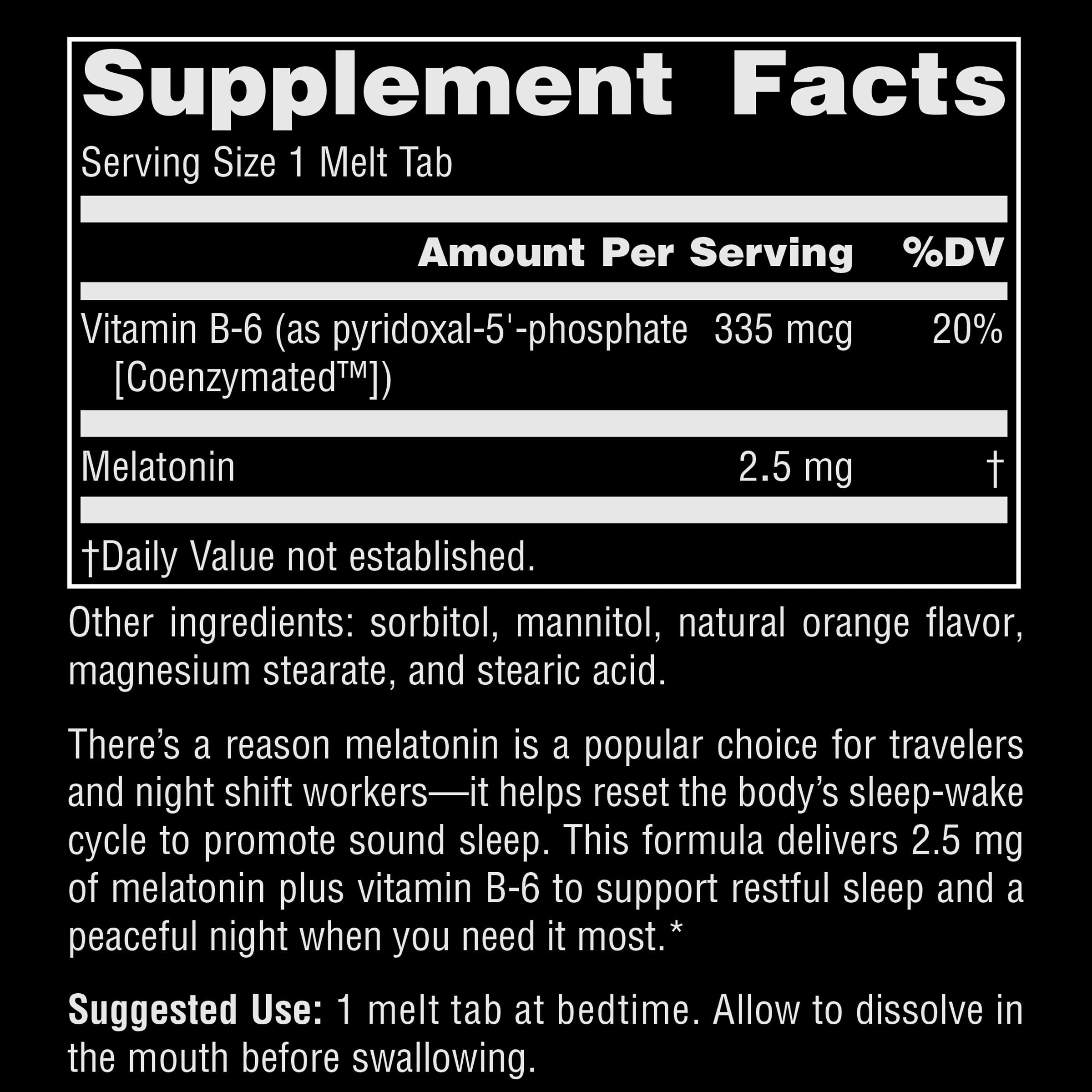 Genexis Melatonin 2.5 mg Melt Tabs back view with ingredient details