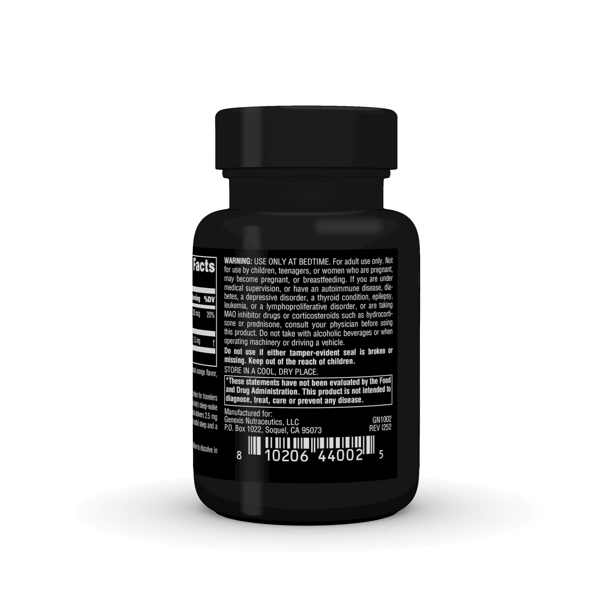 Genexis Melatonin 2.5 mg Melt Tabs open container showing tablets