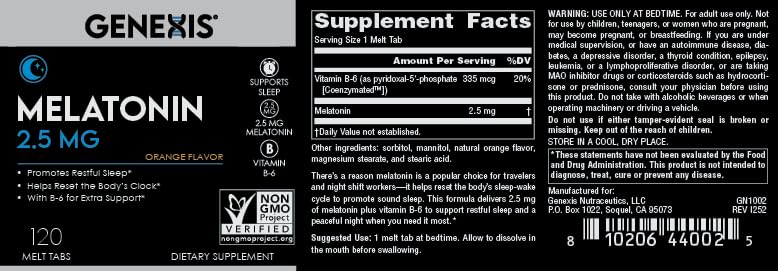 Genexis Melatonin 2.5 mg Melt Tabs with a glass of water for context