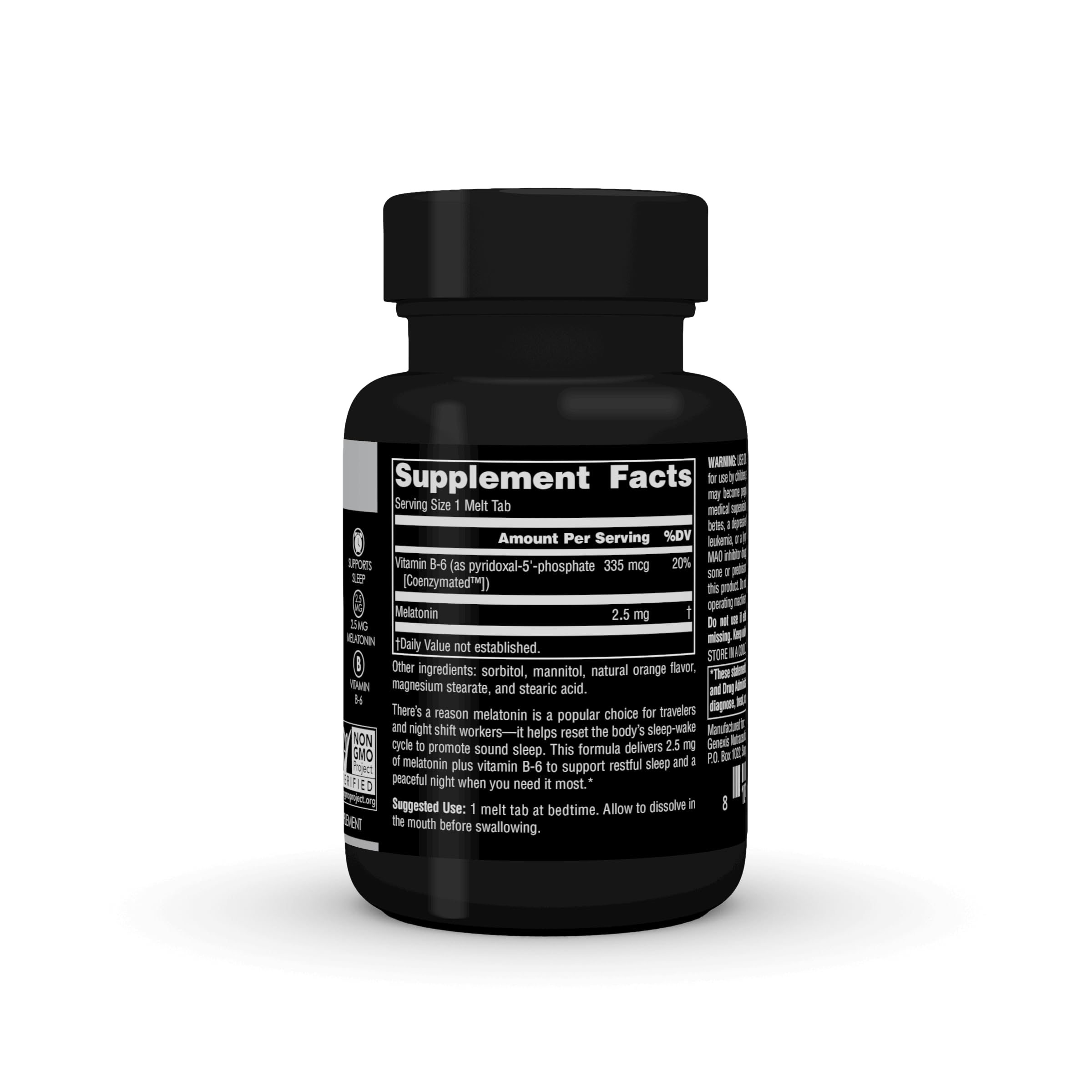 Genexis Melatonin 2.5 mg Melt Tabs with Vitamin B-6 on a bedside table