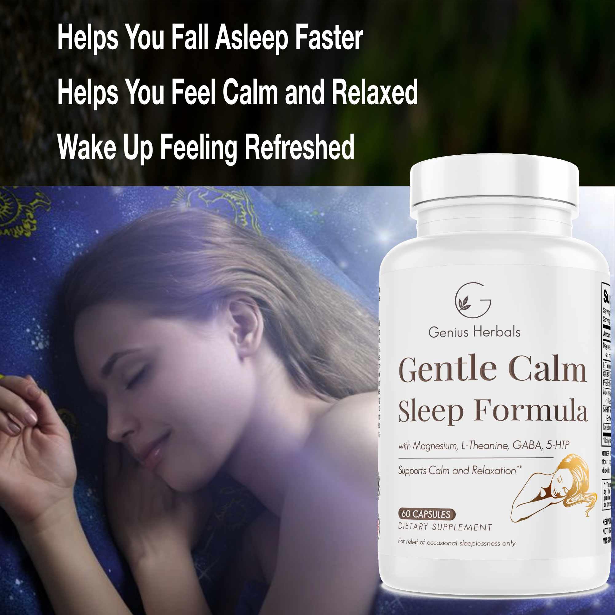 GENIUS HERBALS Gentle Calm Sleep Formula capsules on a wooden surface