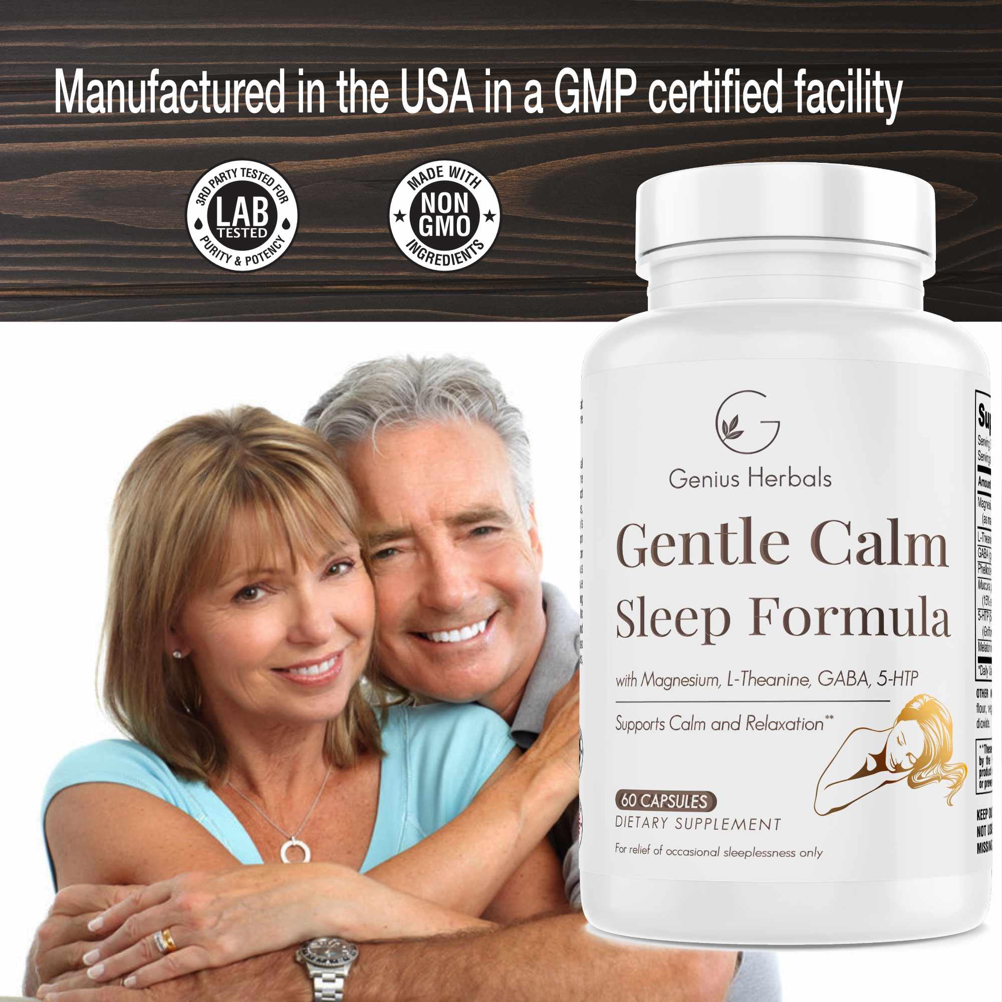 GENIUS HERBALS Gentle Calm Sleep Formula with a glass of water