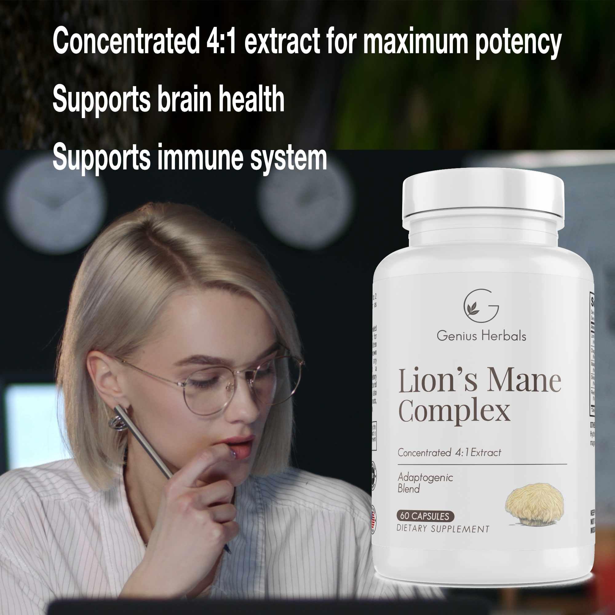GENIUS HERBALS Lions Mane Mushroom Complex 700mg capsules close-up