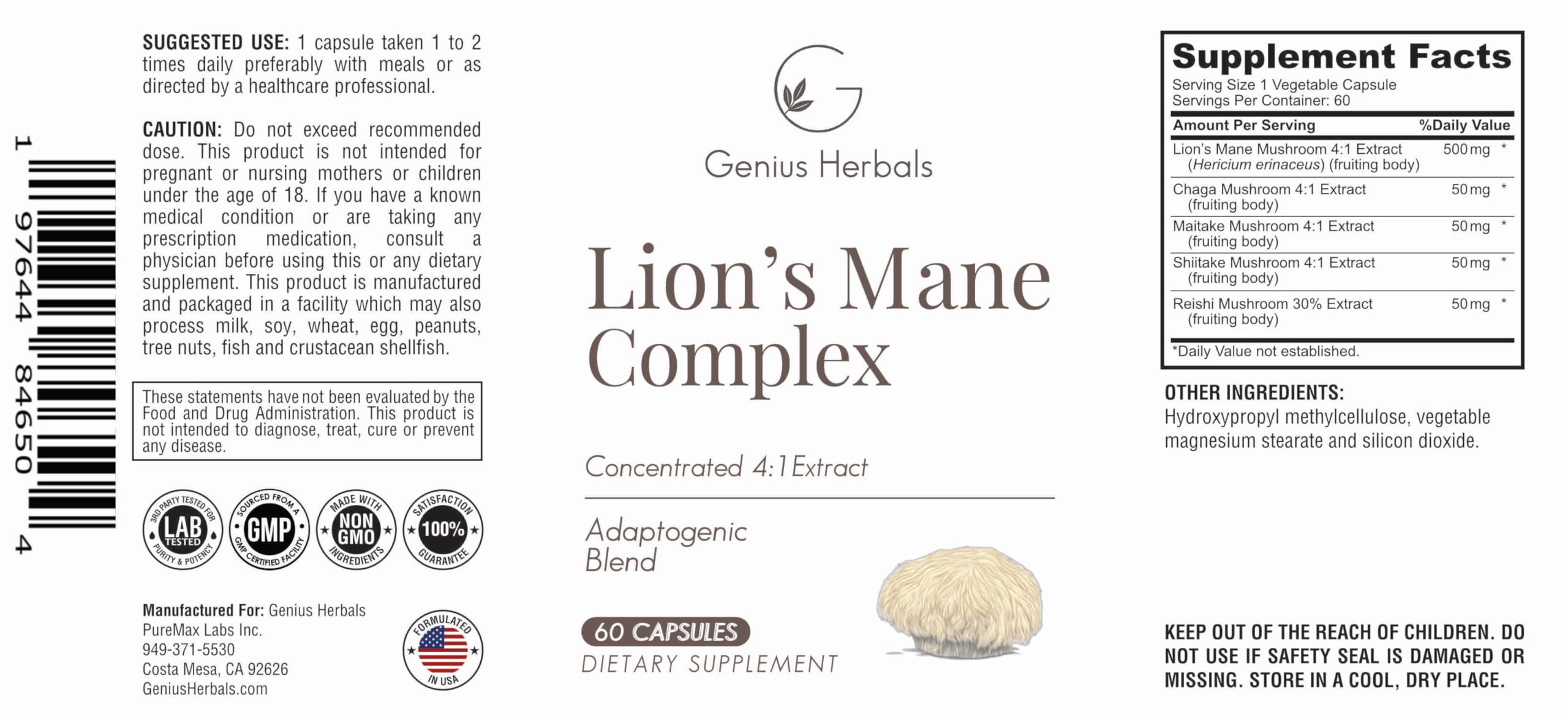 GENIUS HERBALS Lions Mane Mushroom Complex 700mg capsules on a table