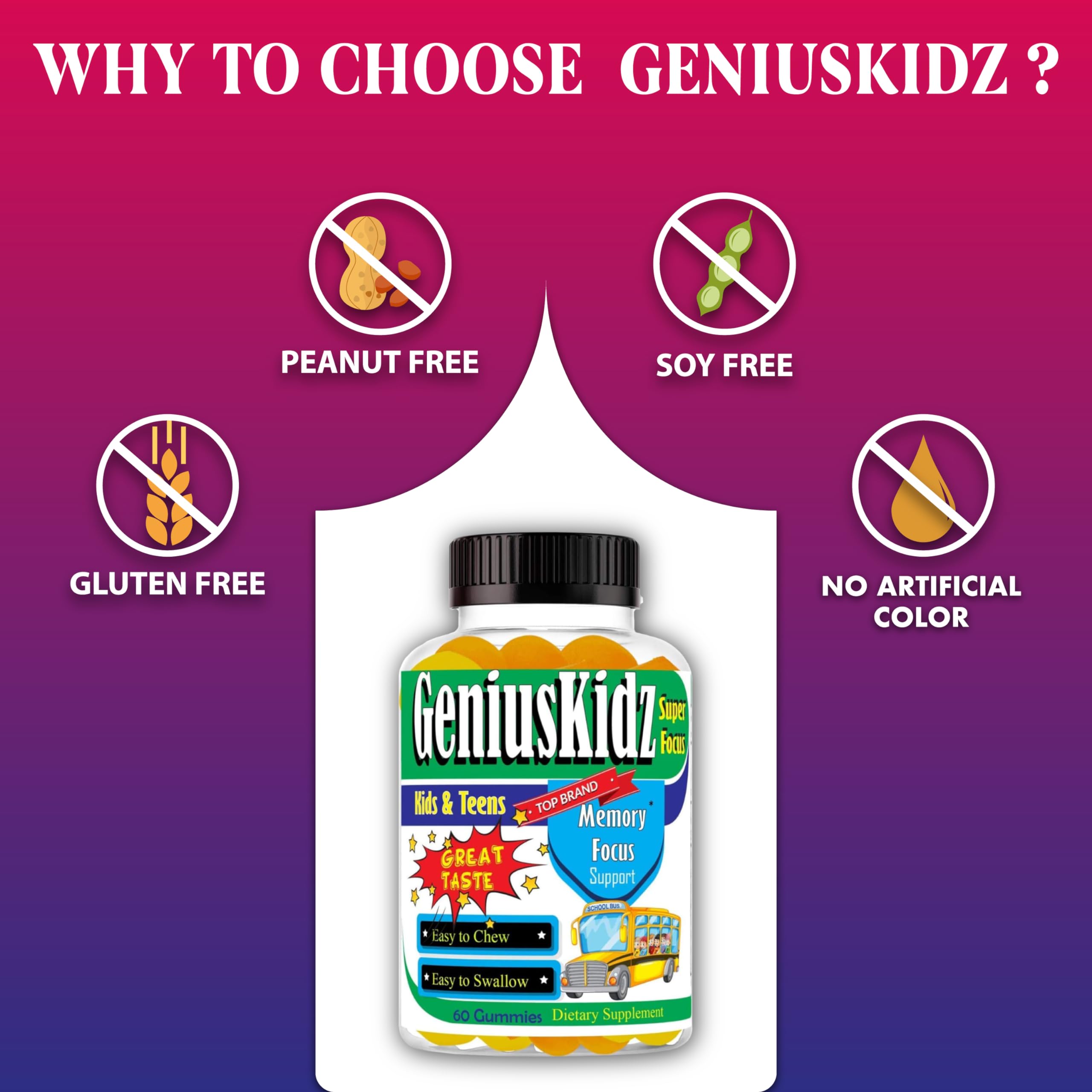 Geniuskidz Omega 3 Gummies displayed with fruits