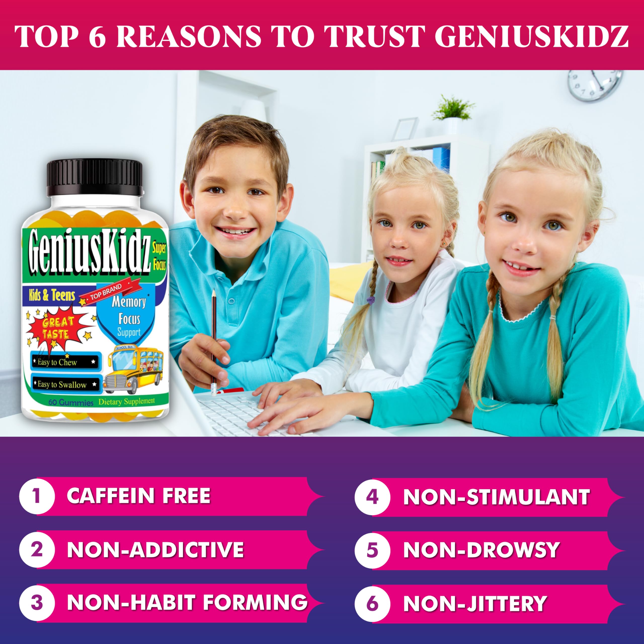 Geniuskidz Omega 3 Gummies with a measuring spoon