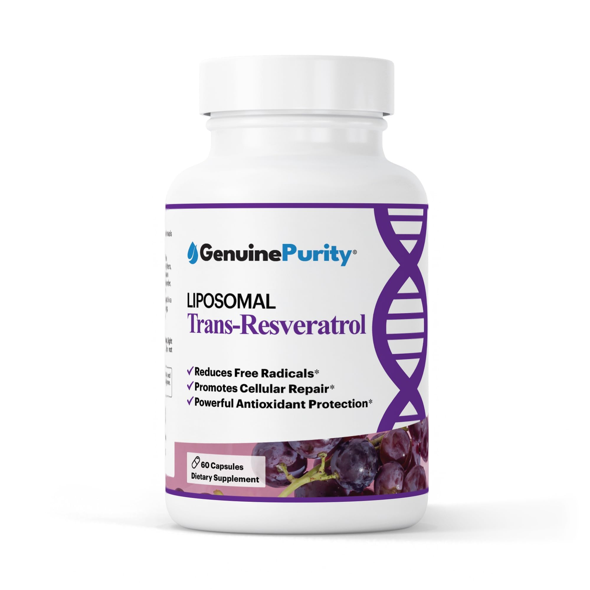 GenuinePurity Liposomal Trans-Resveratrol 500mg 60 vegan capsules front view