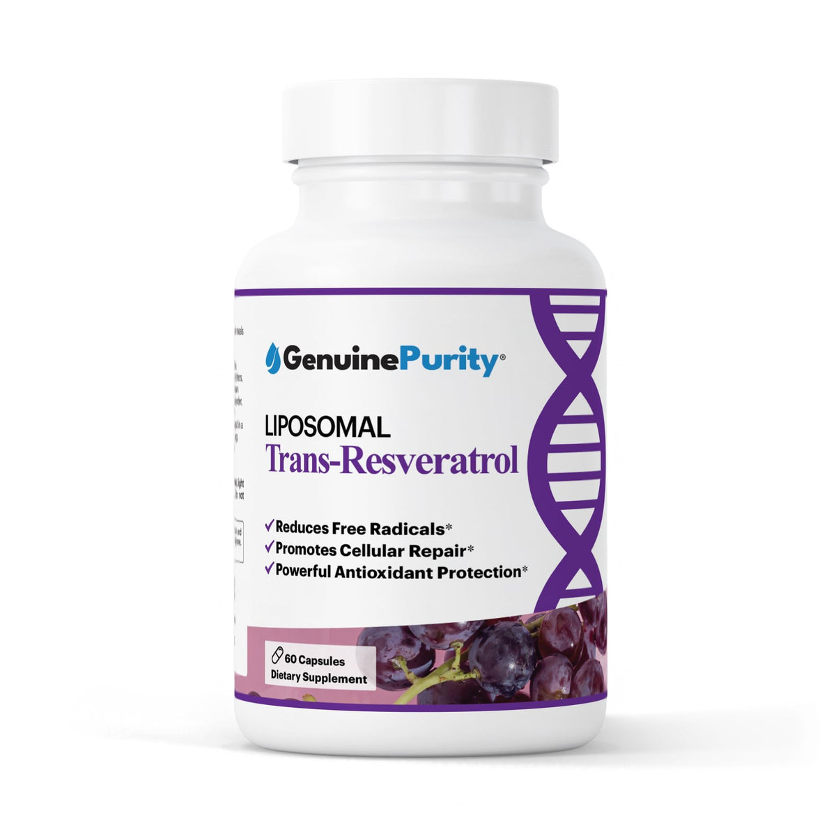 GenuinePurity Liposomal Trans-Resveratrol 500mg 60 vegan capsules front view