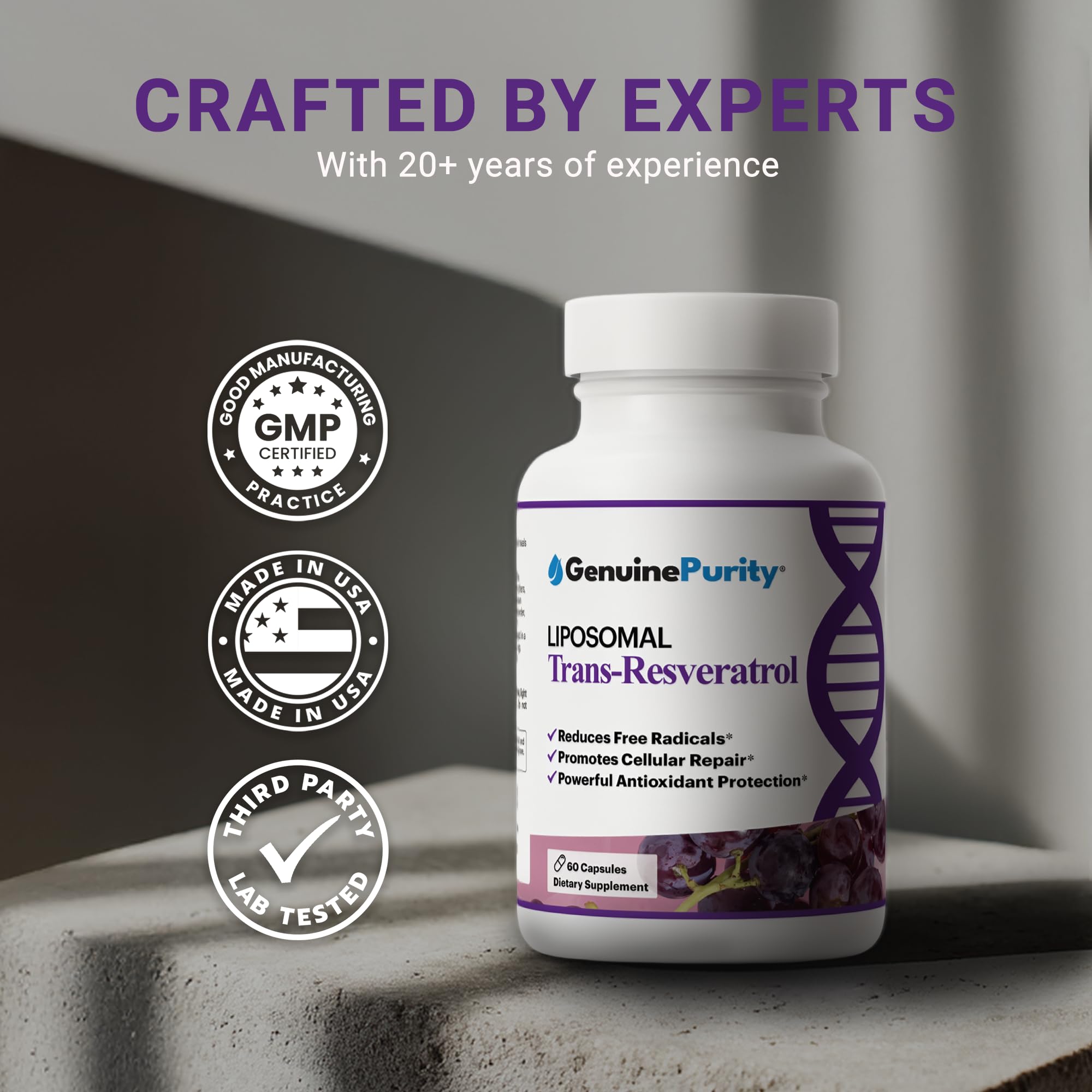 GenuinePurity Liposomal Trans-Resveratrol bottle side view