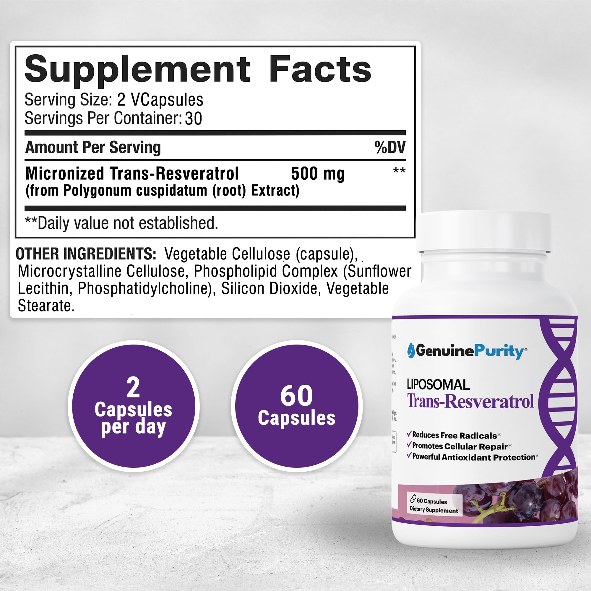 GenuinePurity Liposomal Trans-Resveratrol bottle with label