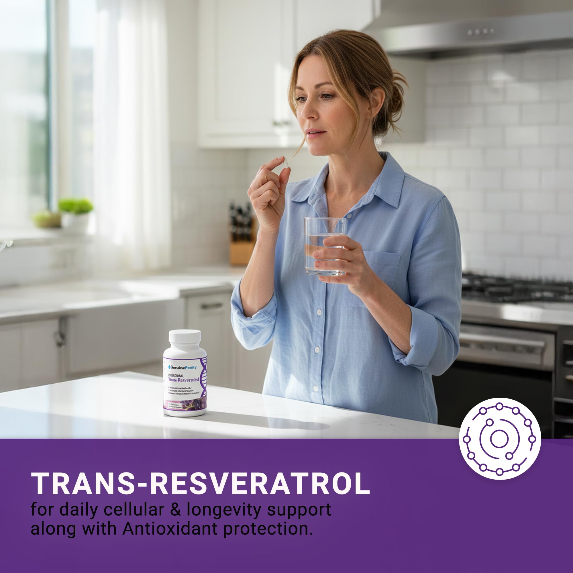GenuinePurity Liposomal Trans-Resveratrol capsules on a wooden table