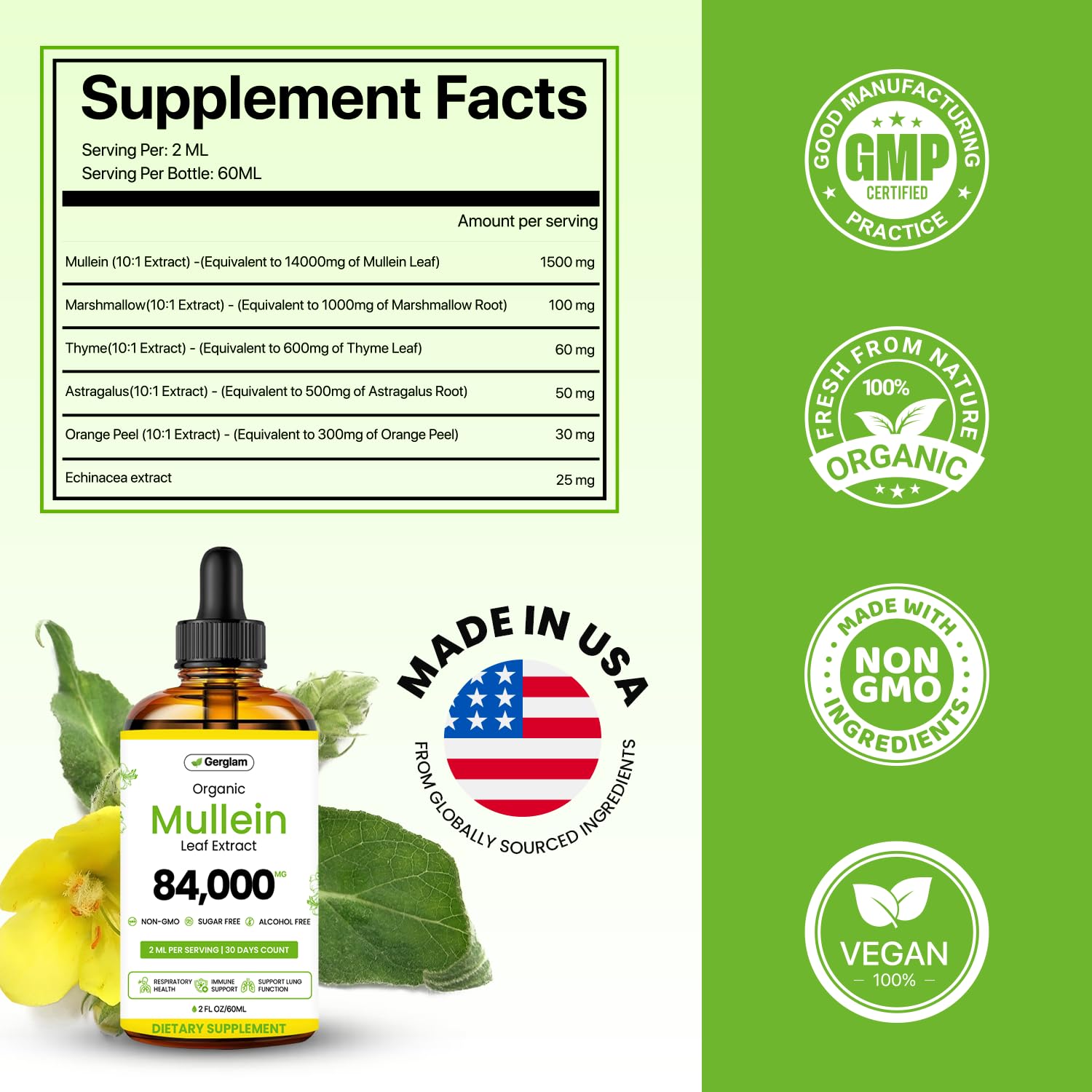 gerglam Mullein Leaf Extract Drops bottle with dropper
