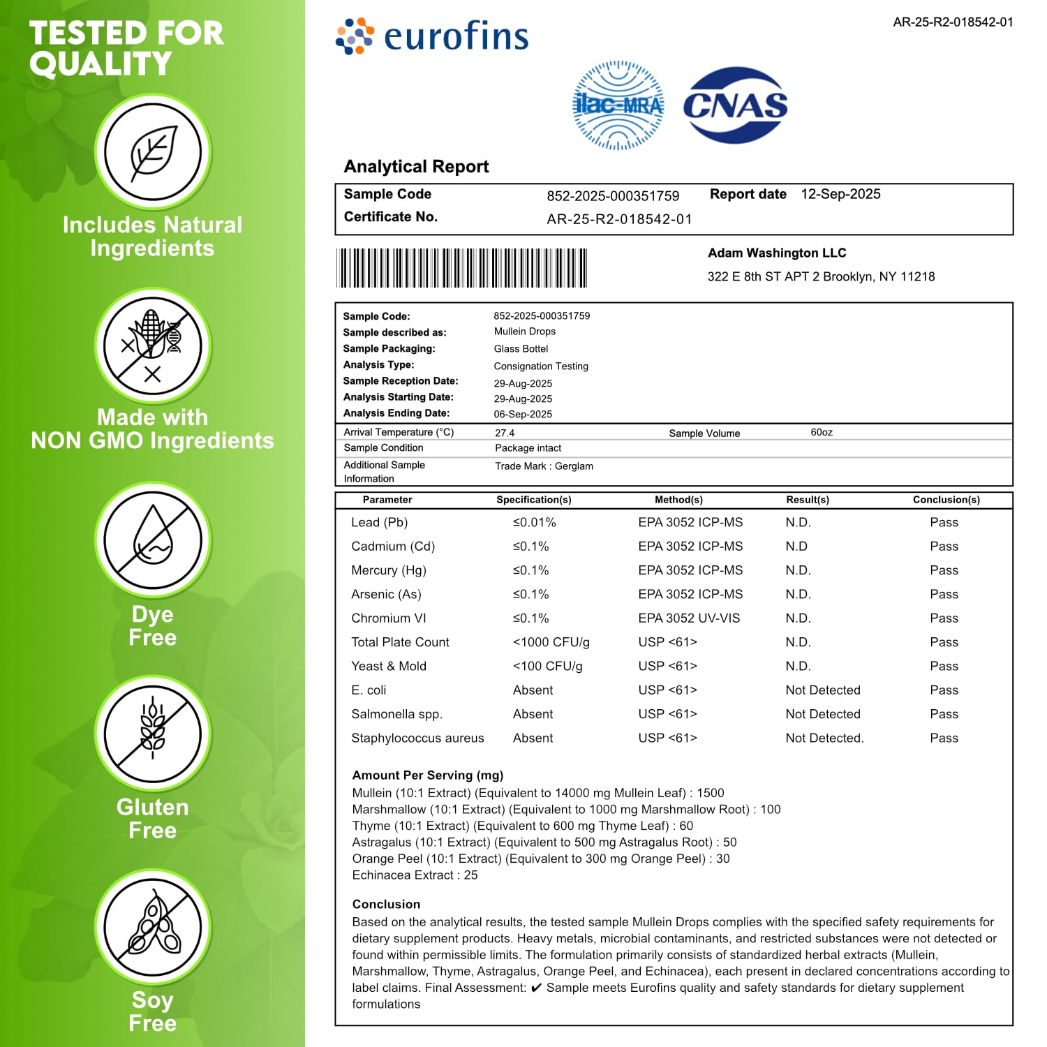 gerglam Mullein Leaf Extract Drops label close-up
