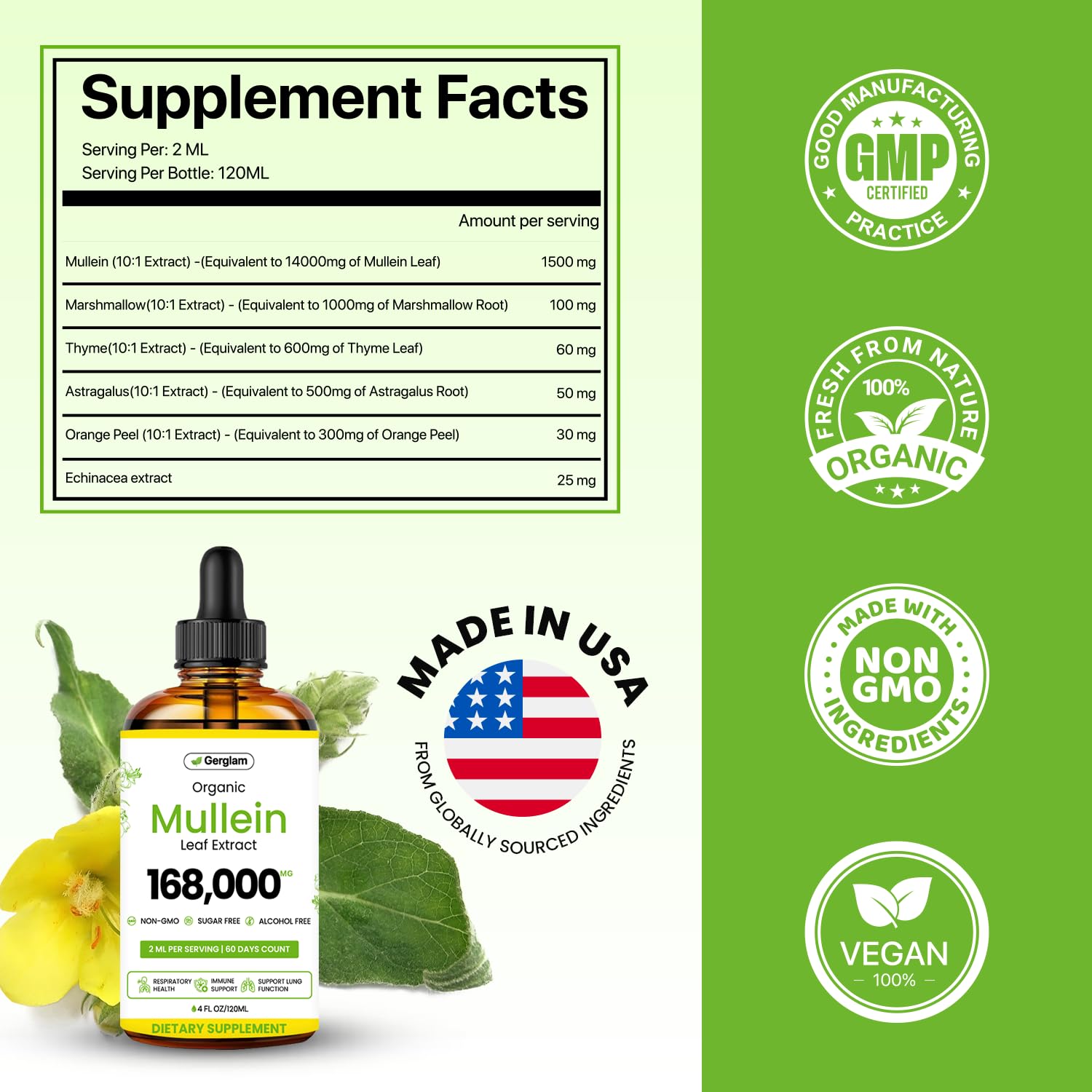 gerglam Mullein Leaf Extract Drops side view showing dropper
