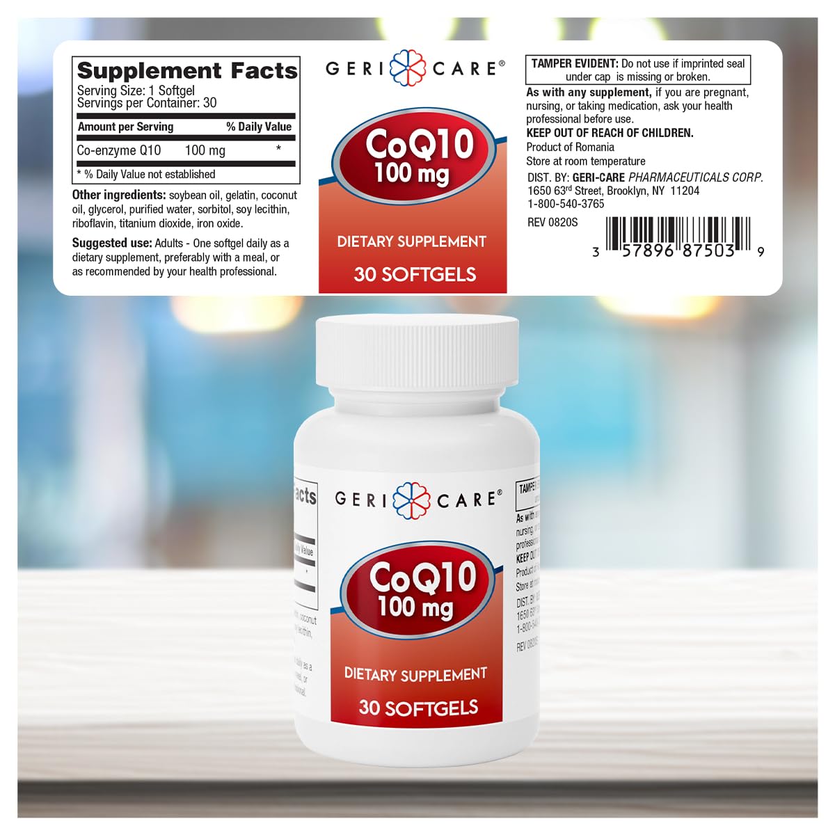 GeriCare CoQ10 100mg Softgels back view with ingredient list