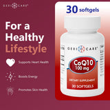 GeriCare CoQ10 100mg Softgels bottle with travel-friendly packaging