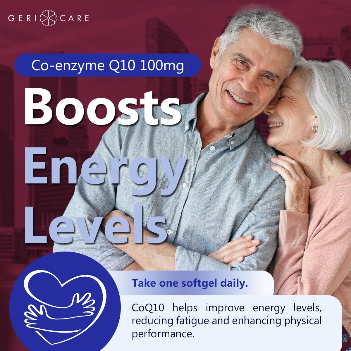 GeriCare CoQ10 100mg Softgels open bottle with softgels