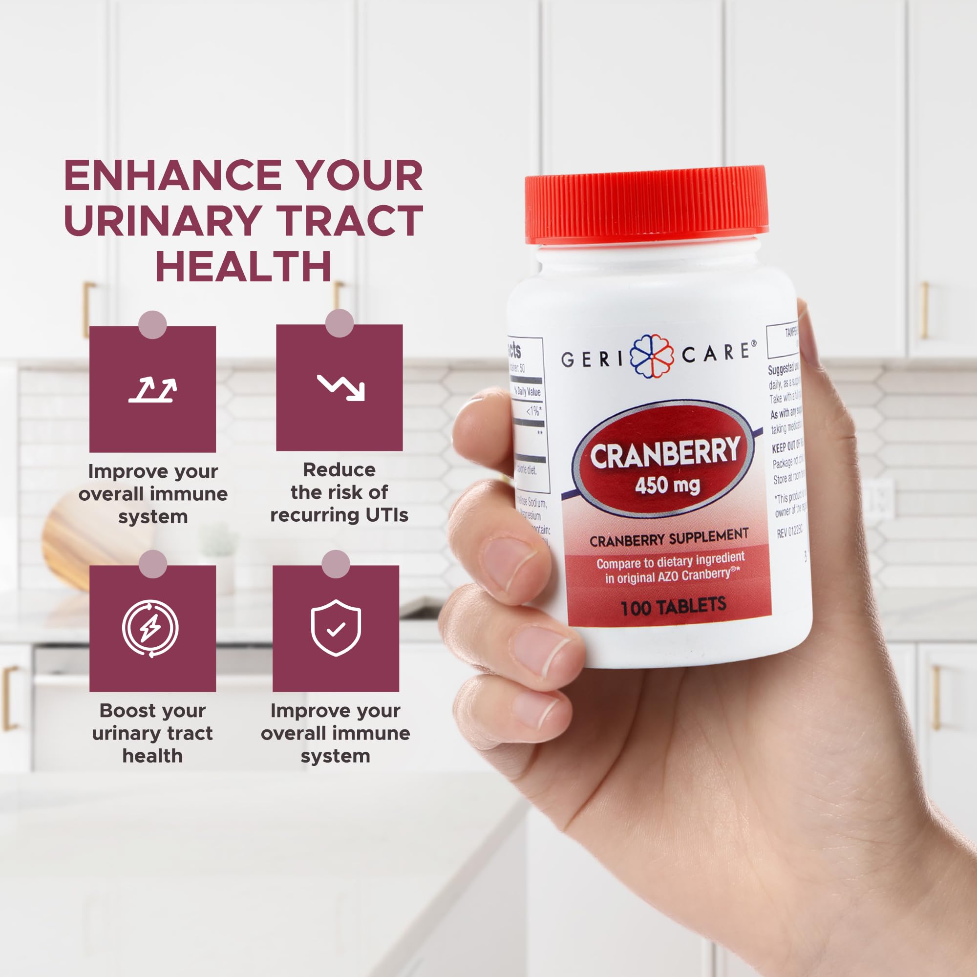 GeriCare Cranberry Supplement 900mg tablets in hand